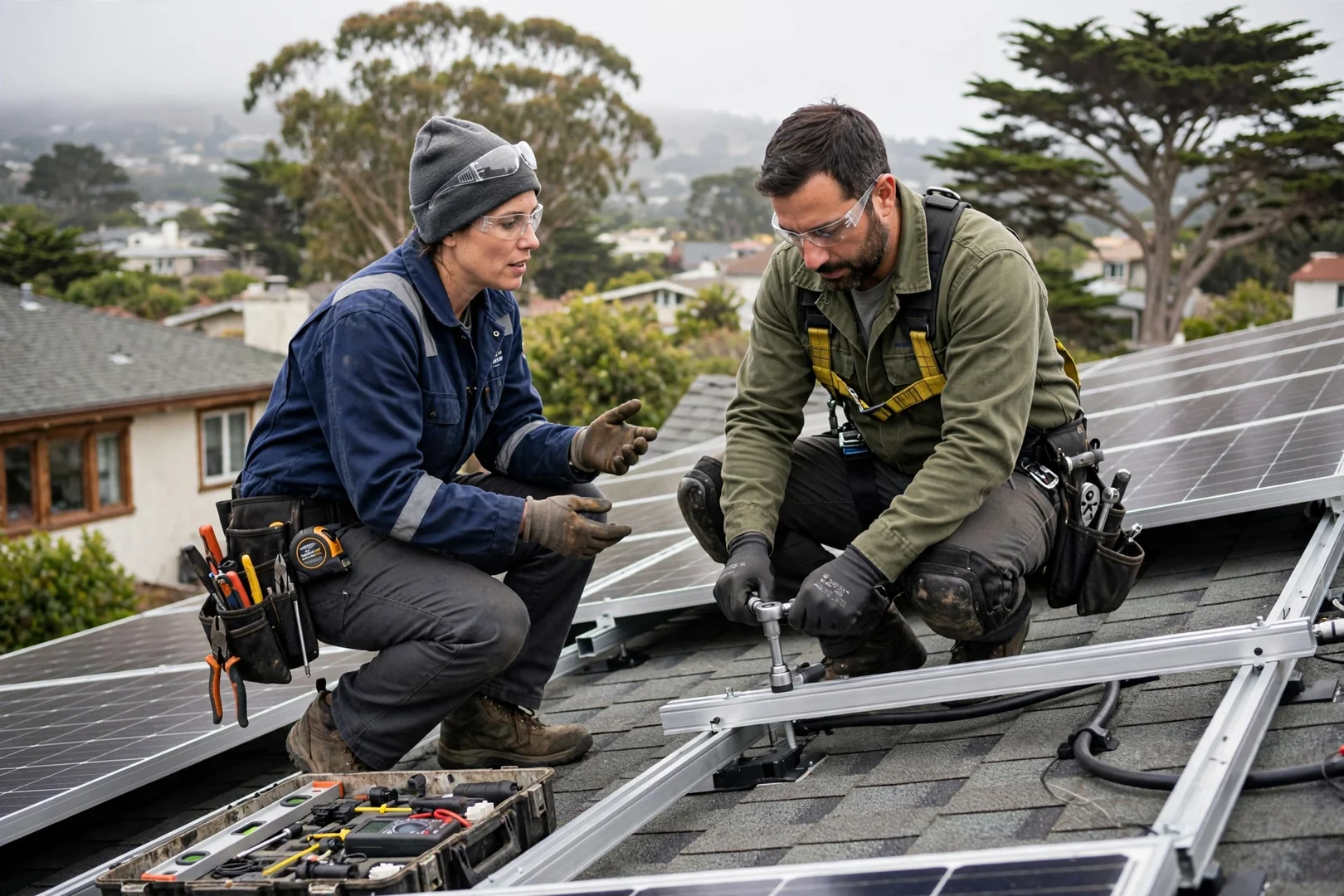 Technician reviewing commercial rooftop solar layout plans at a Santa Cruz business property