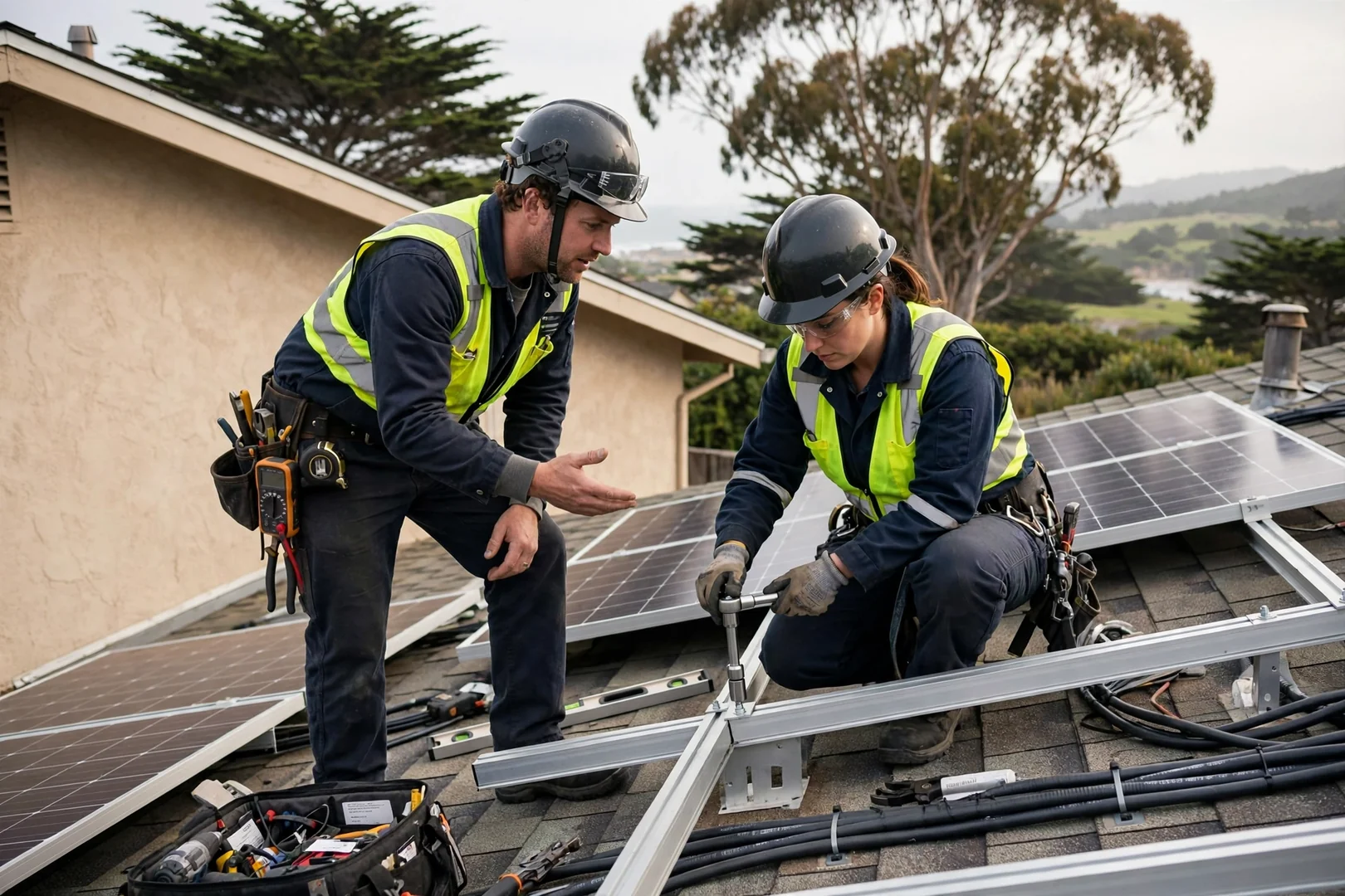 Technicians aligning rooftop solar modules on a Santa Cruz commercial low-slope roof