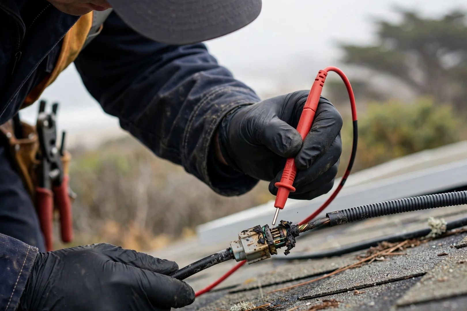 Electrician checking main service panel capacity for solar tie-in