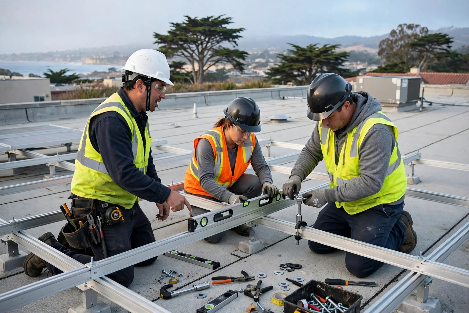 Crew aligning solar racking rails across a flat commercial rooftop in Santa Cruz