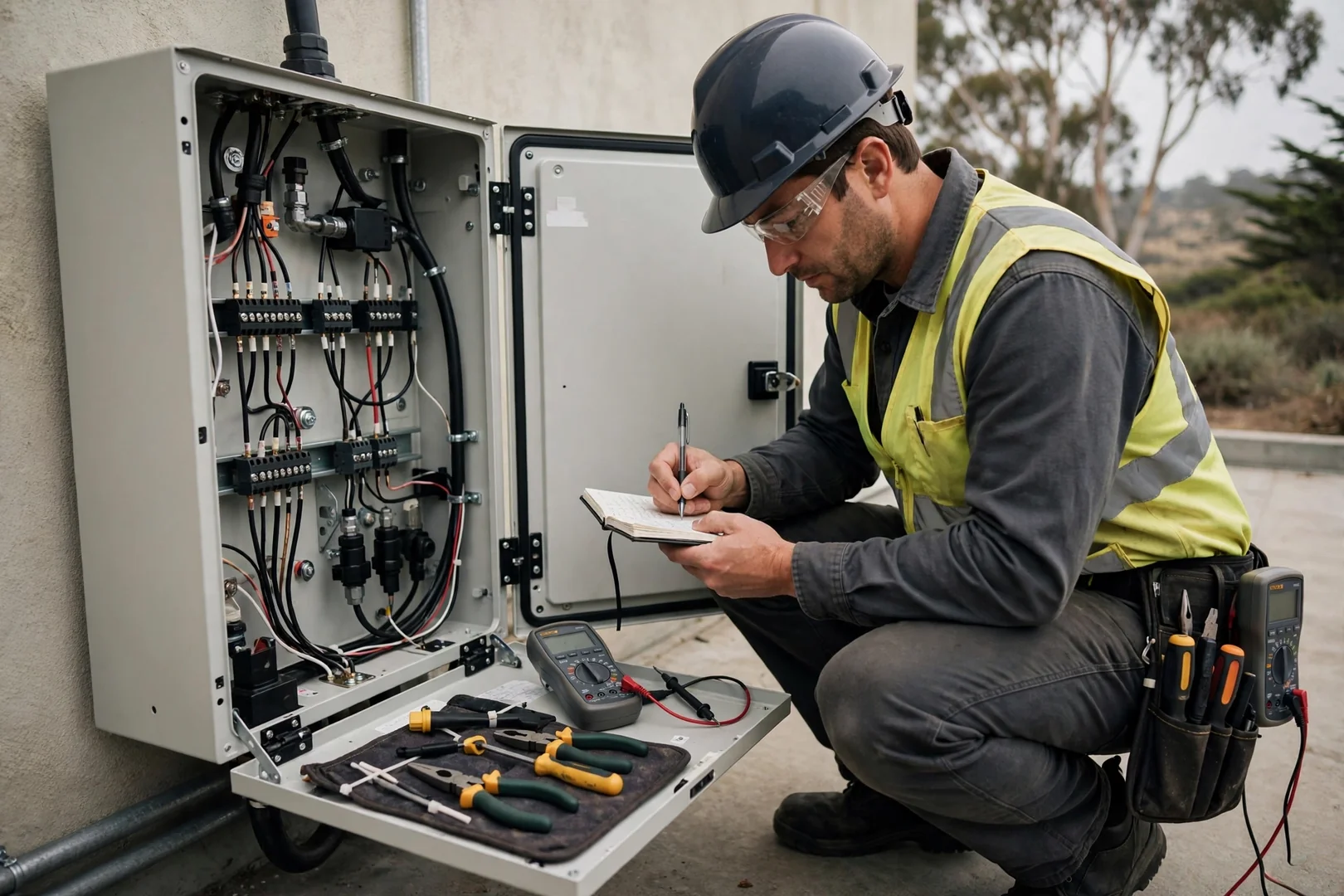 Installer documenting inverter wiring terminations during commercial solar commissioning checks