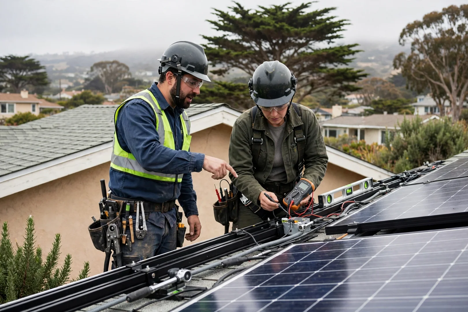 Ground-mounted solar array on a sloped Santa Cruz property