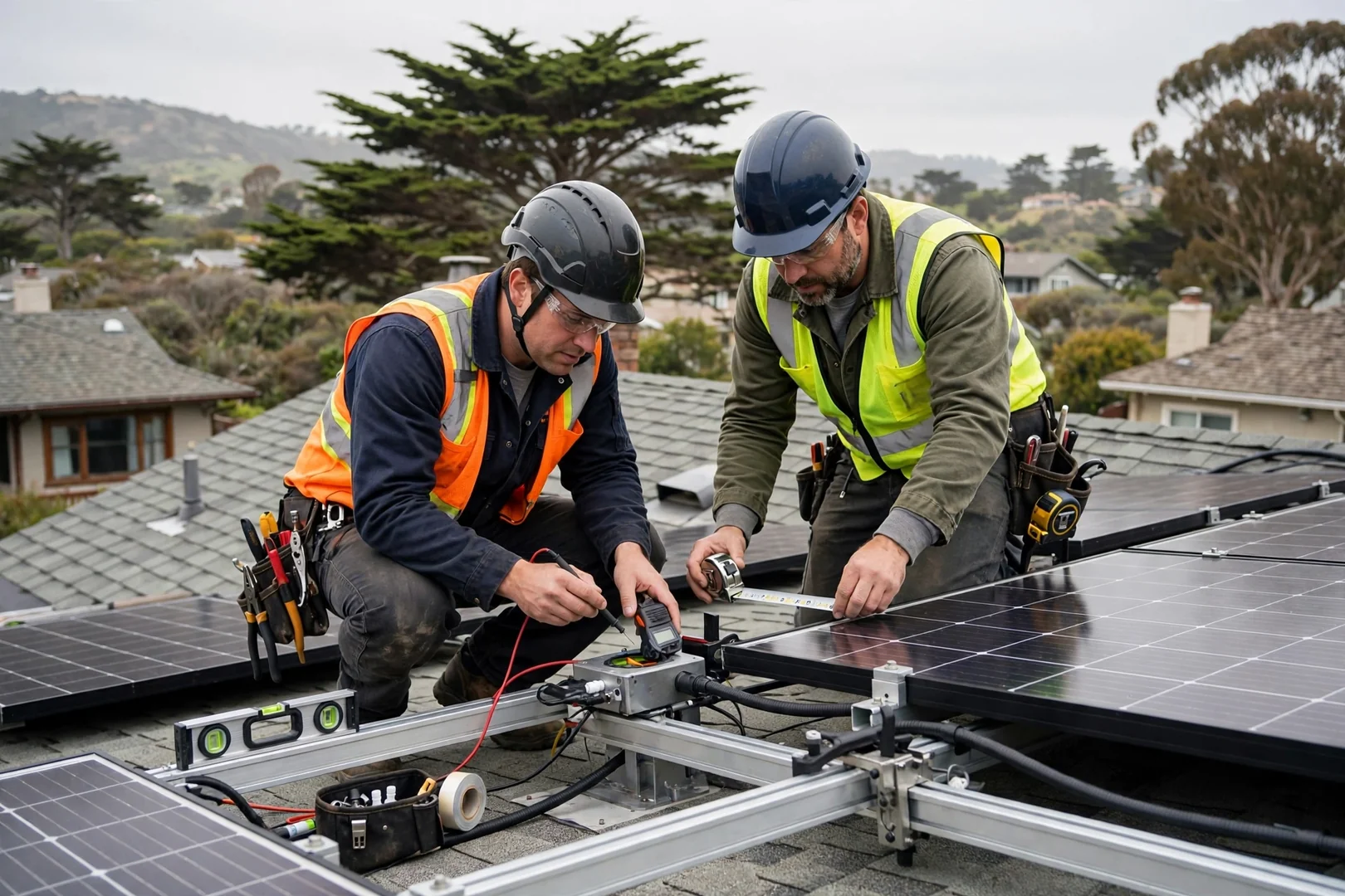 Technician measuring ground-mount racking alignment on a sunny Santa Cruz property before panel installation