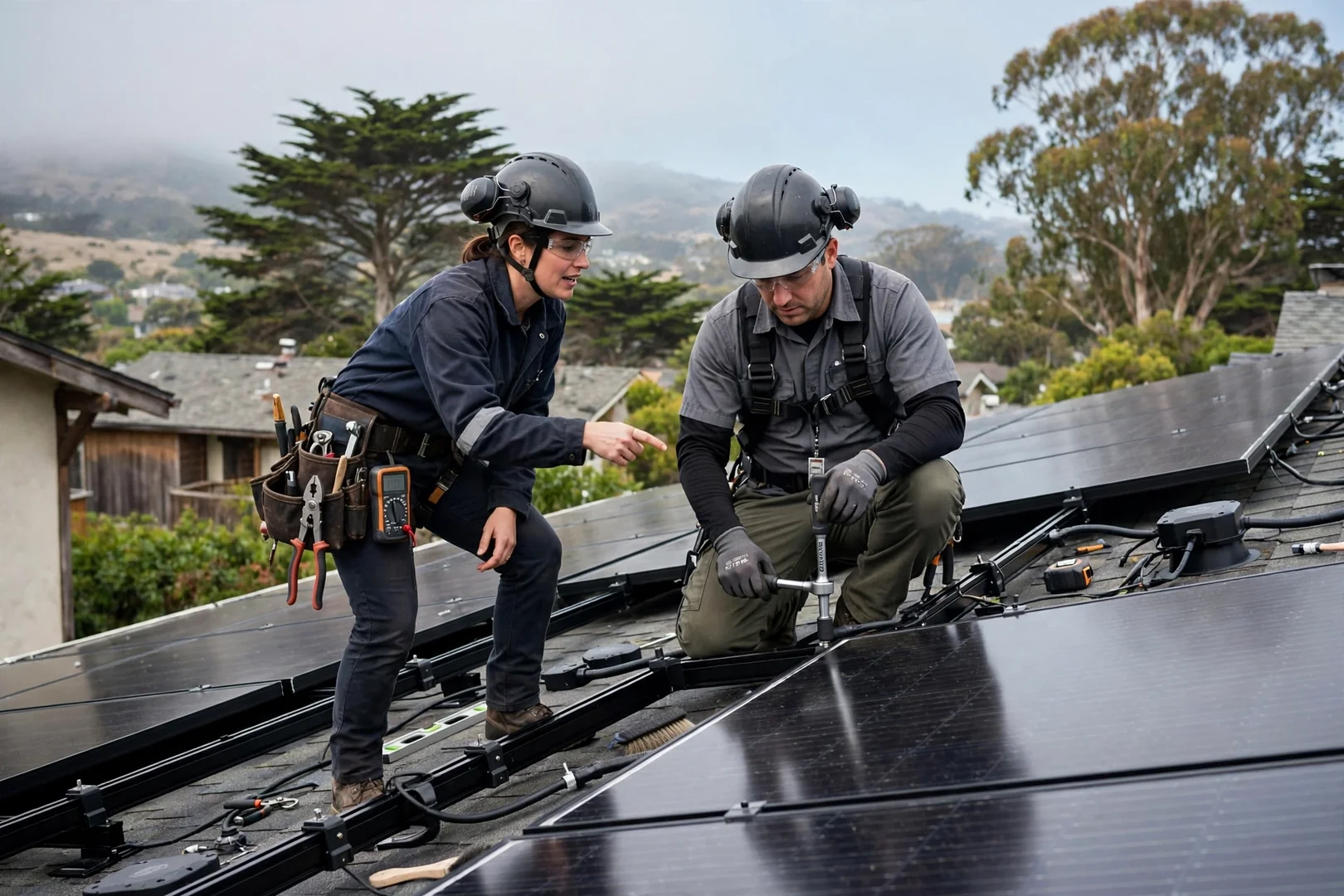 Technicians aligning ground-mounted solar array racking on a Santa Cruz property with open yard space