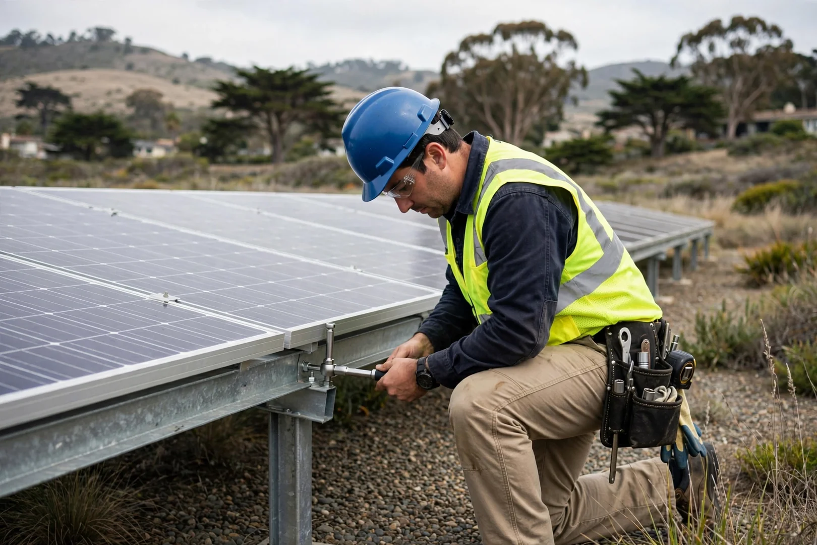 Technician checking racking torque values on a ground-mounted solar array