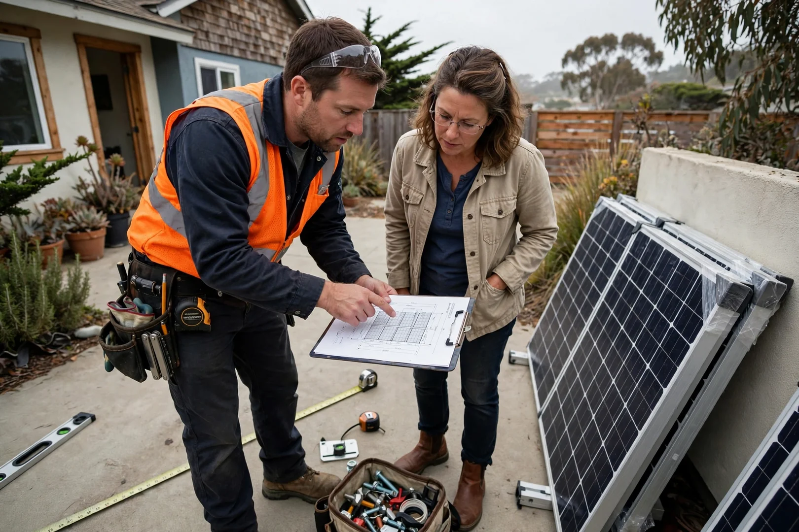 Installer reviewing array layout measurements with a homeowner in Santa Cruz