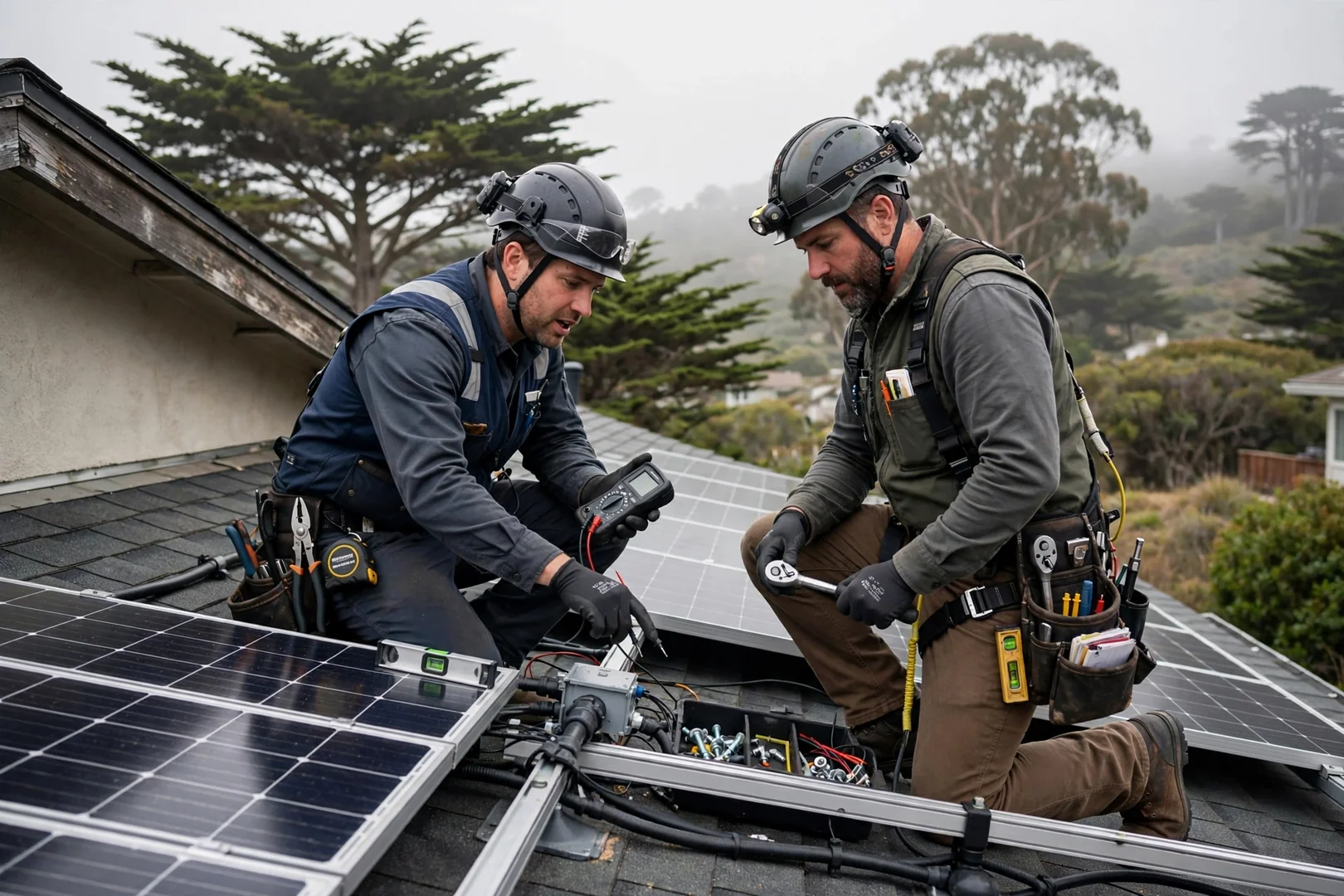 Technician reviewing hybrid inverter and battery estimate at a home