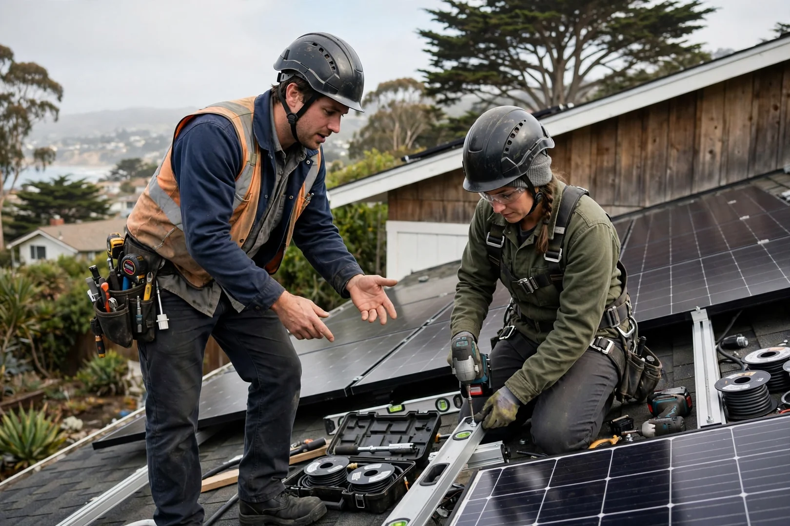Technician reviewing hybrid solar system layout with homeowner beside wall-mounted battery in Santa Cruz