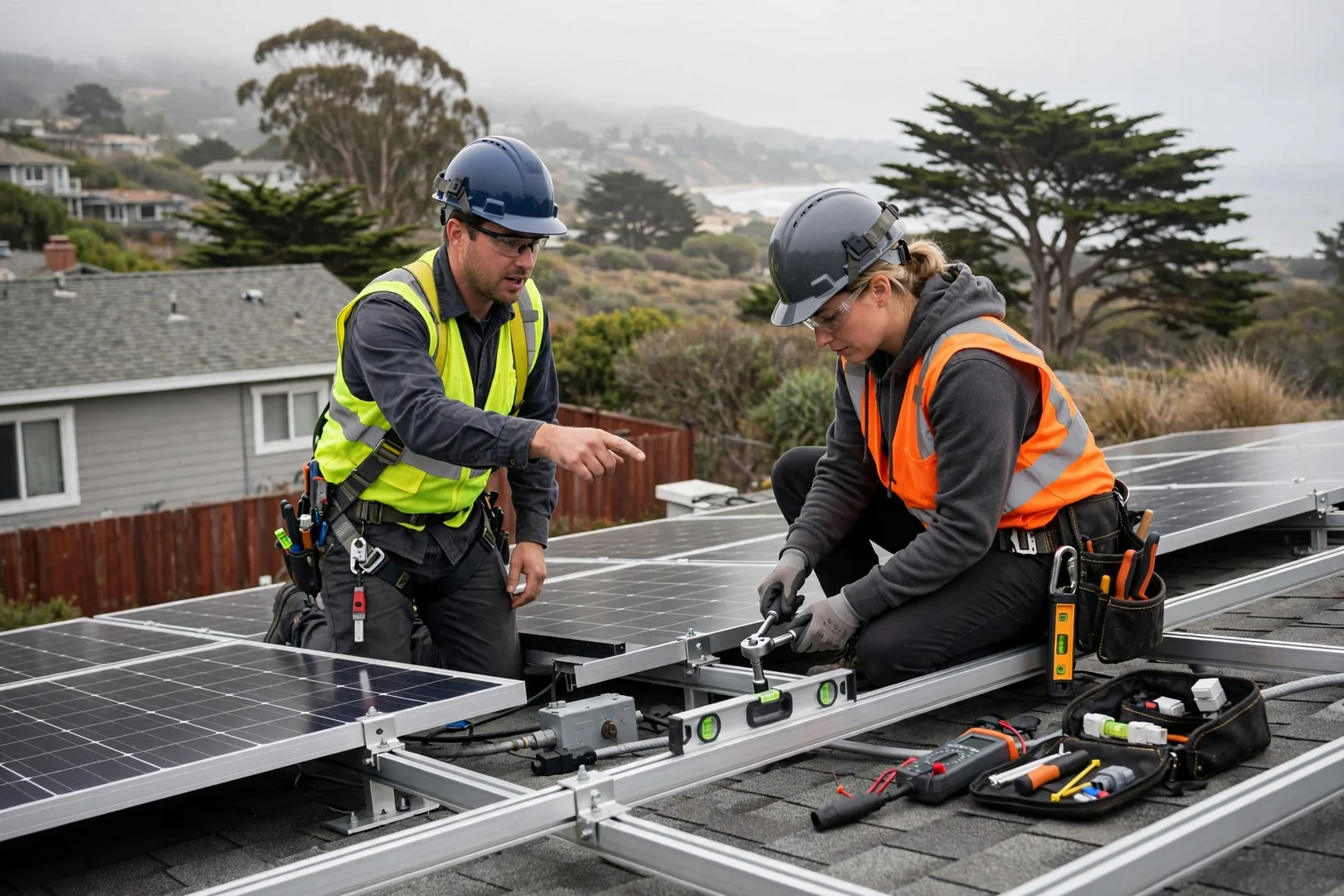Technician wiring a hybrid inverter and battery cabinet inside a Santa Cruz garage