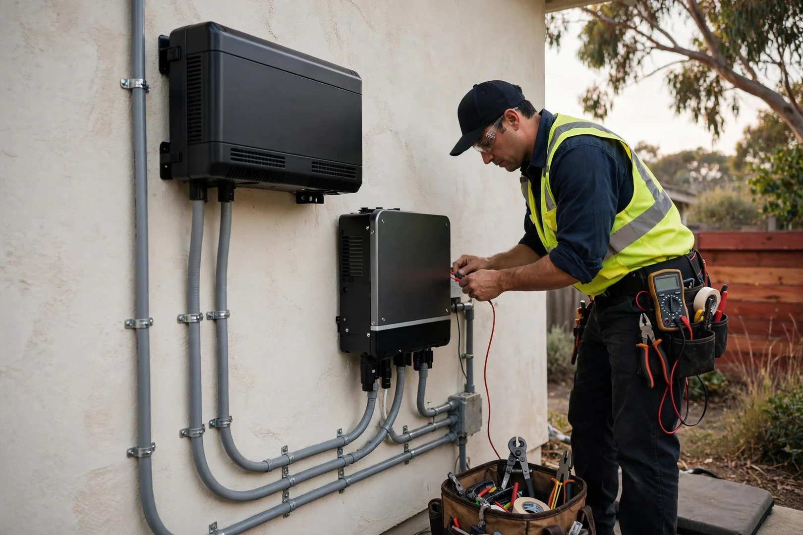 Wall-mounted battery and hybrid inverter neatly wired with labeled conduit