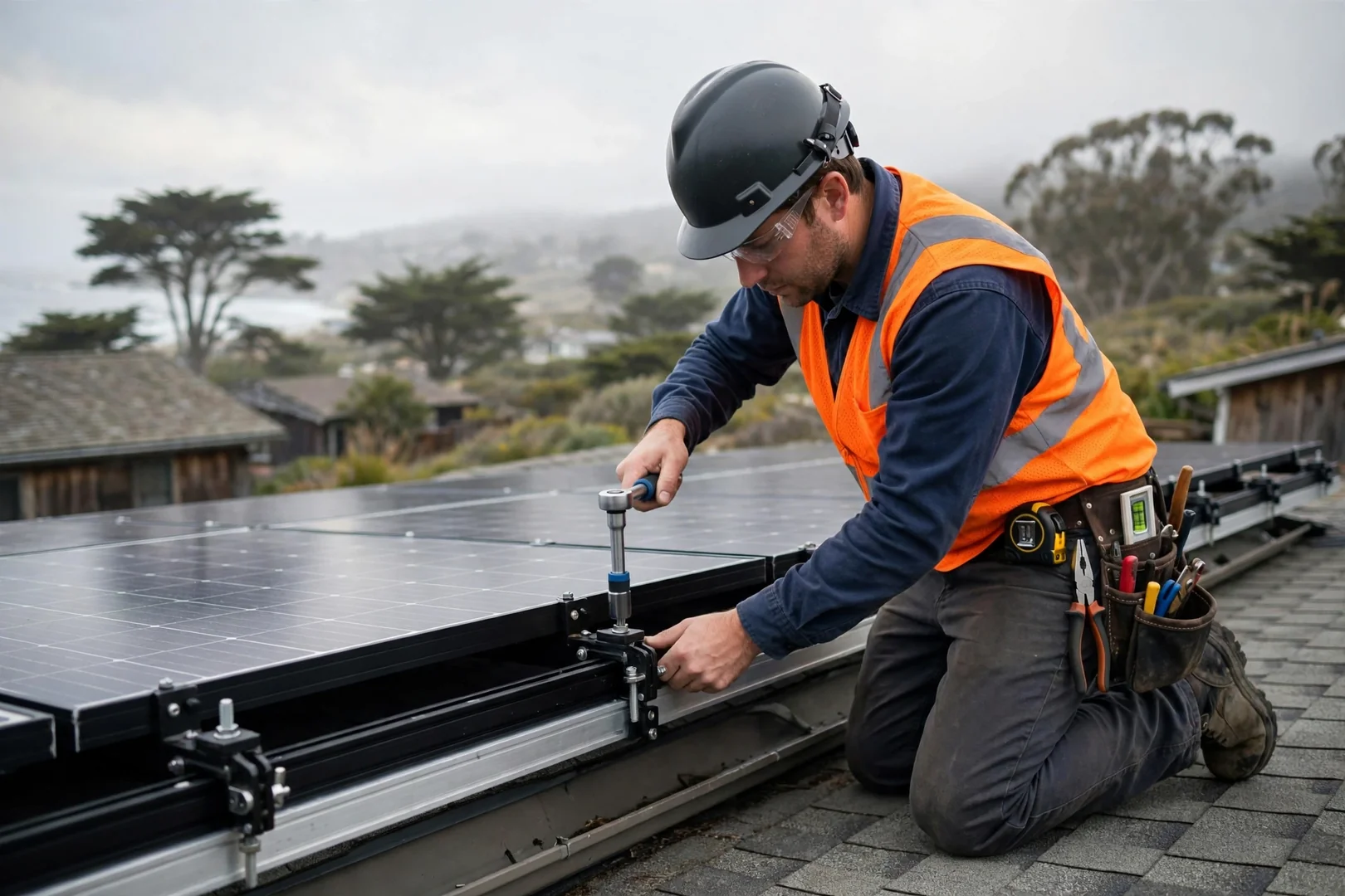 Installer verifying torque on solar array mounting hardware during quality check