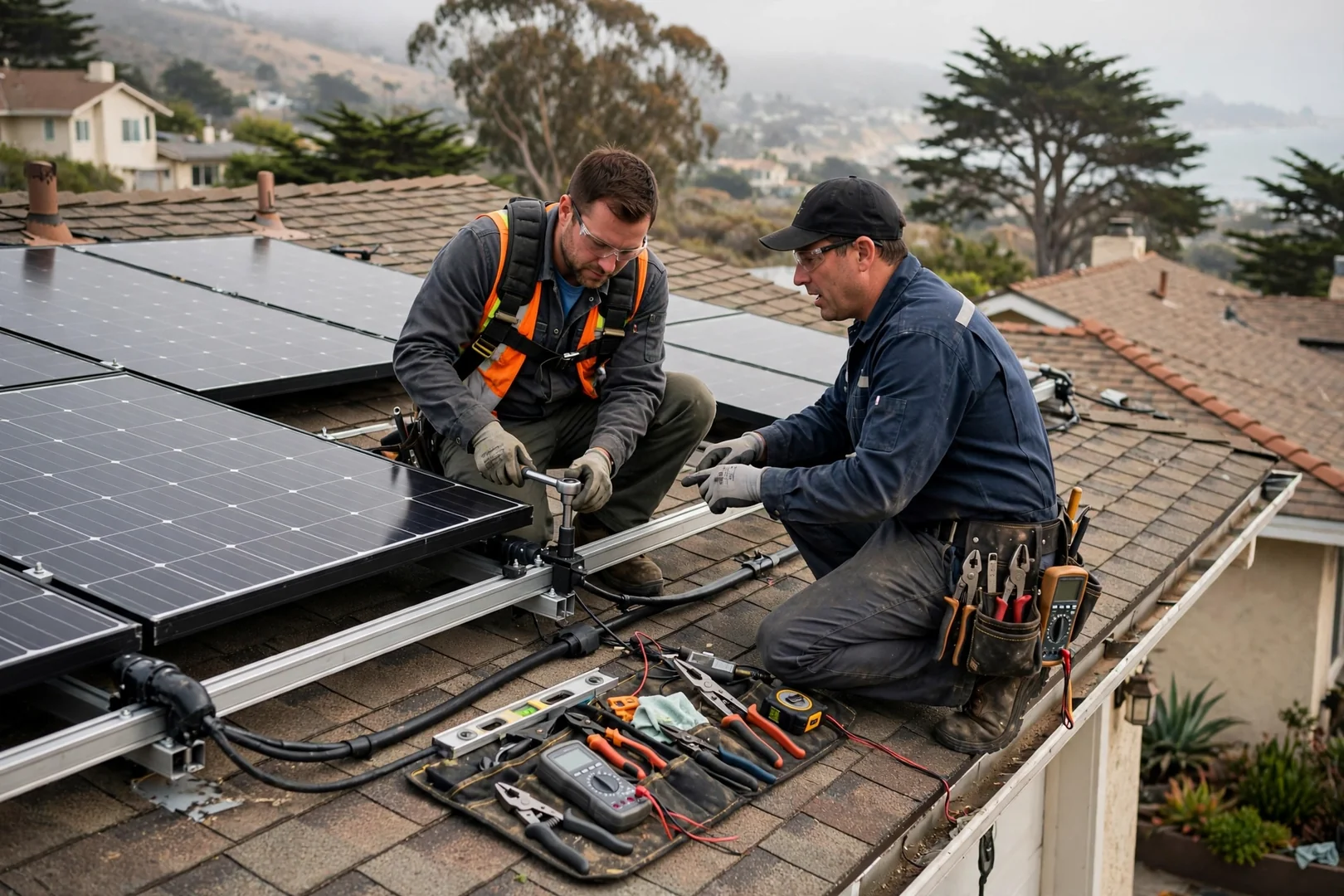 Technician reviewing off-grid battery bank and charge controller wiring at a rural Santa Cruz property