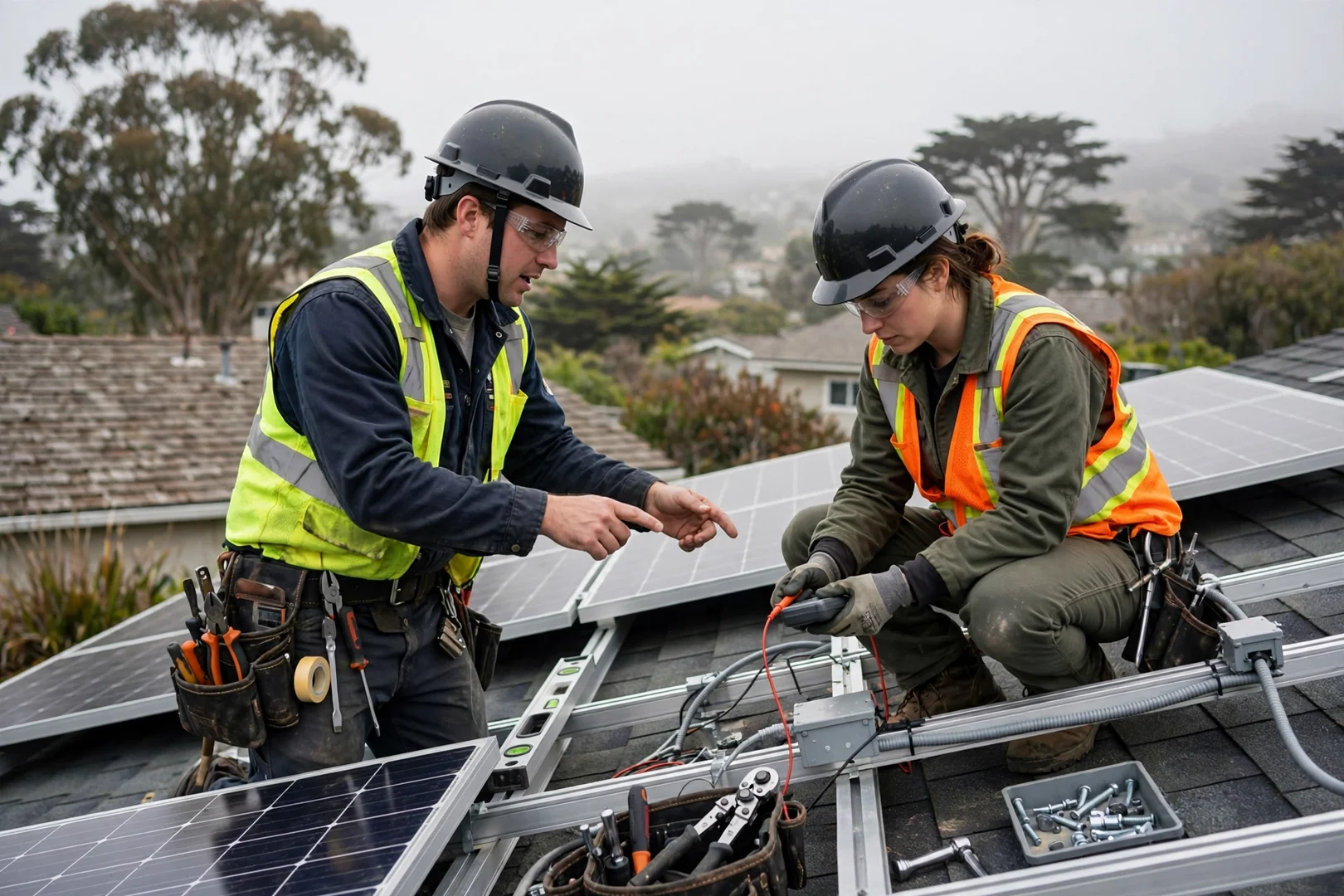 Technician wiring a battery bank and inverter for an off-grid solar system in Santa Cruz