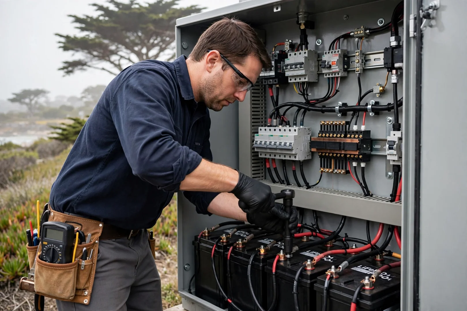 Technician torquing battery terminal connections inside a labeled off-grid power enclosure