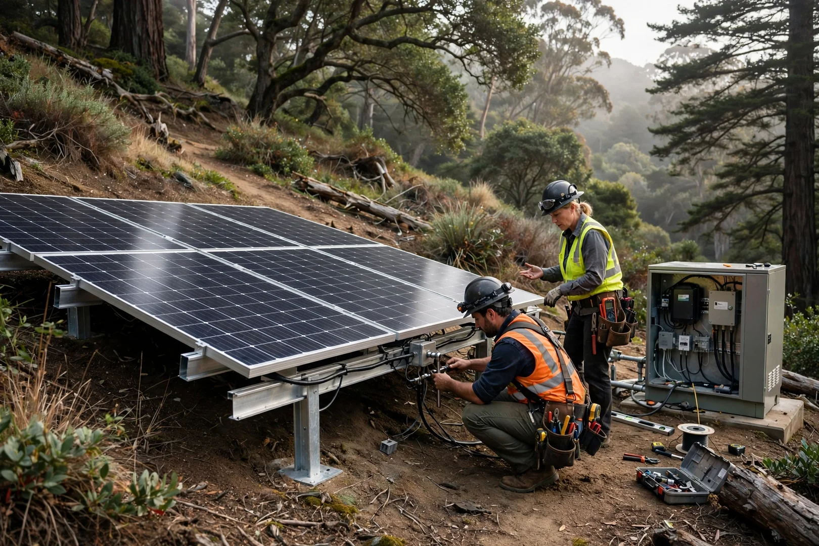 Ground-mounted off-grid solar array on a wooded Santa Cruz hillside property