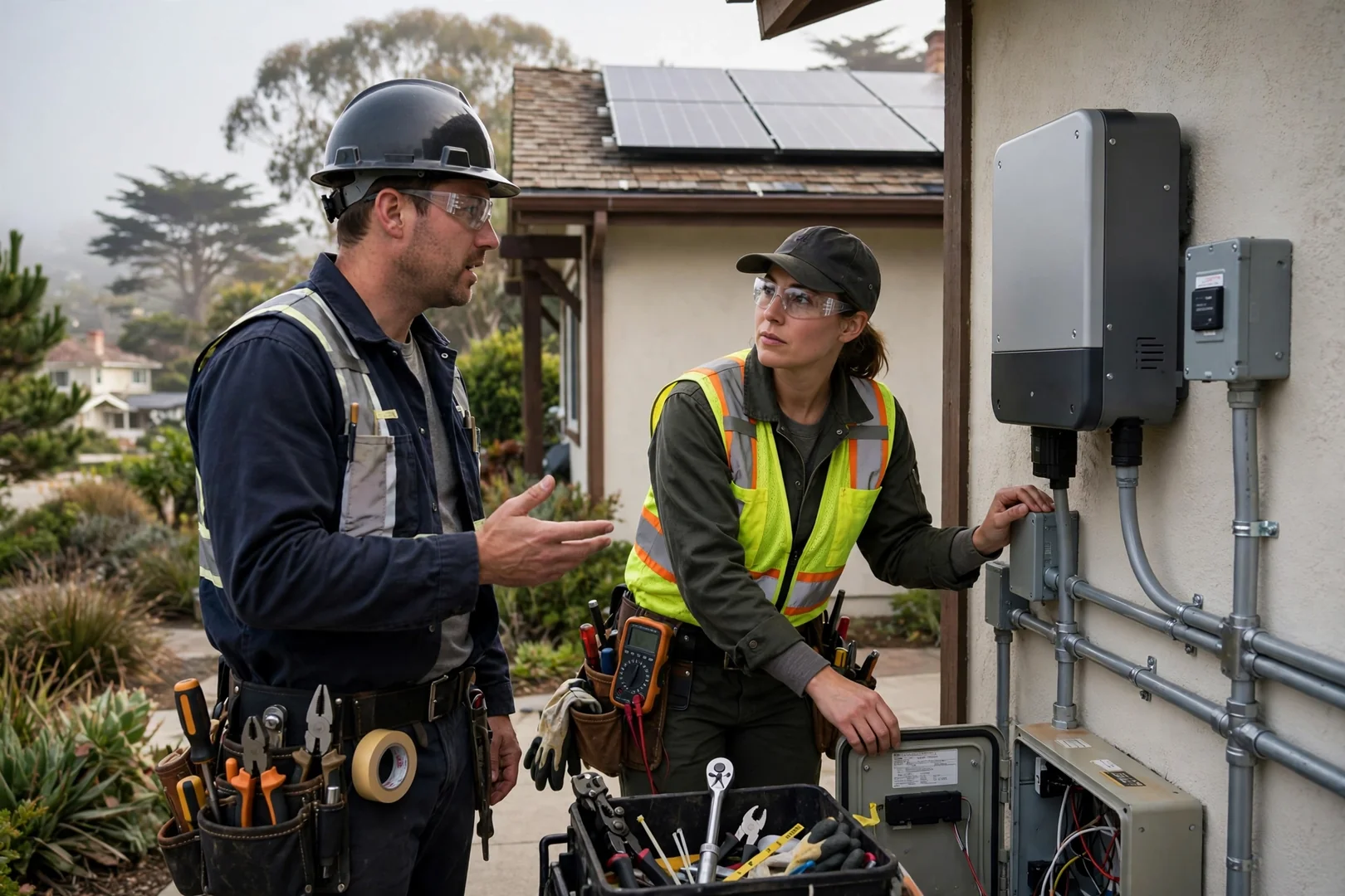 Installer measuring rafter spacing on a Santa Cruz home roof