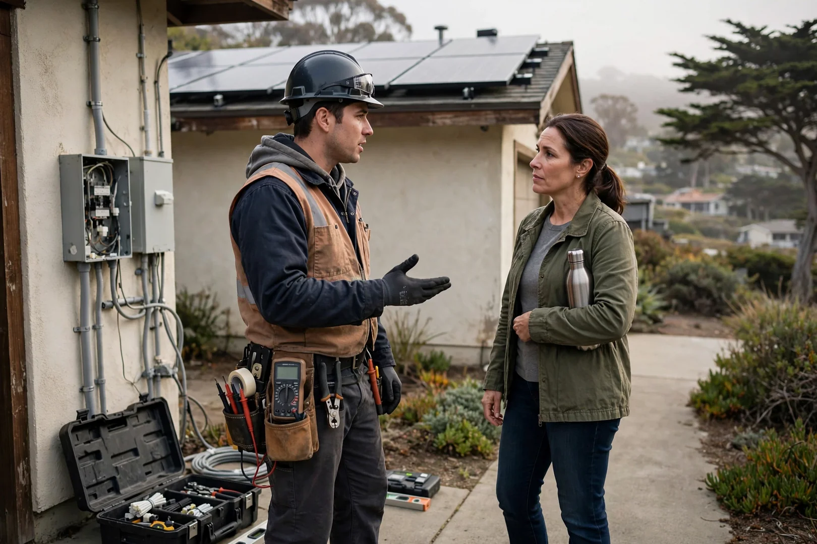 Solar installer reviewing rooftop panel layout measurements with a homeowner in Santa Cruz
