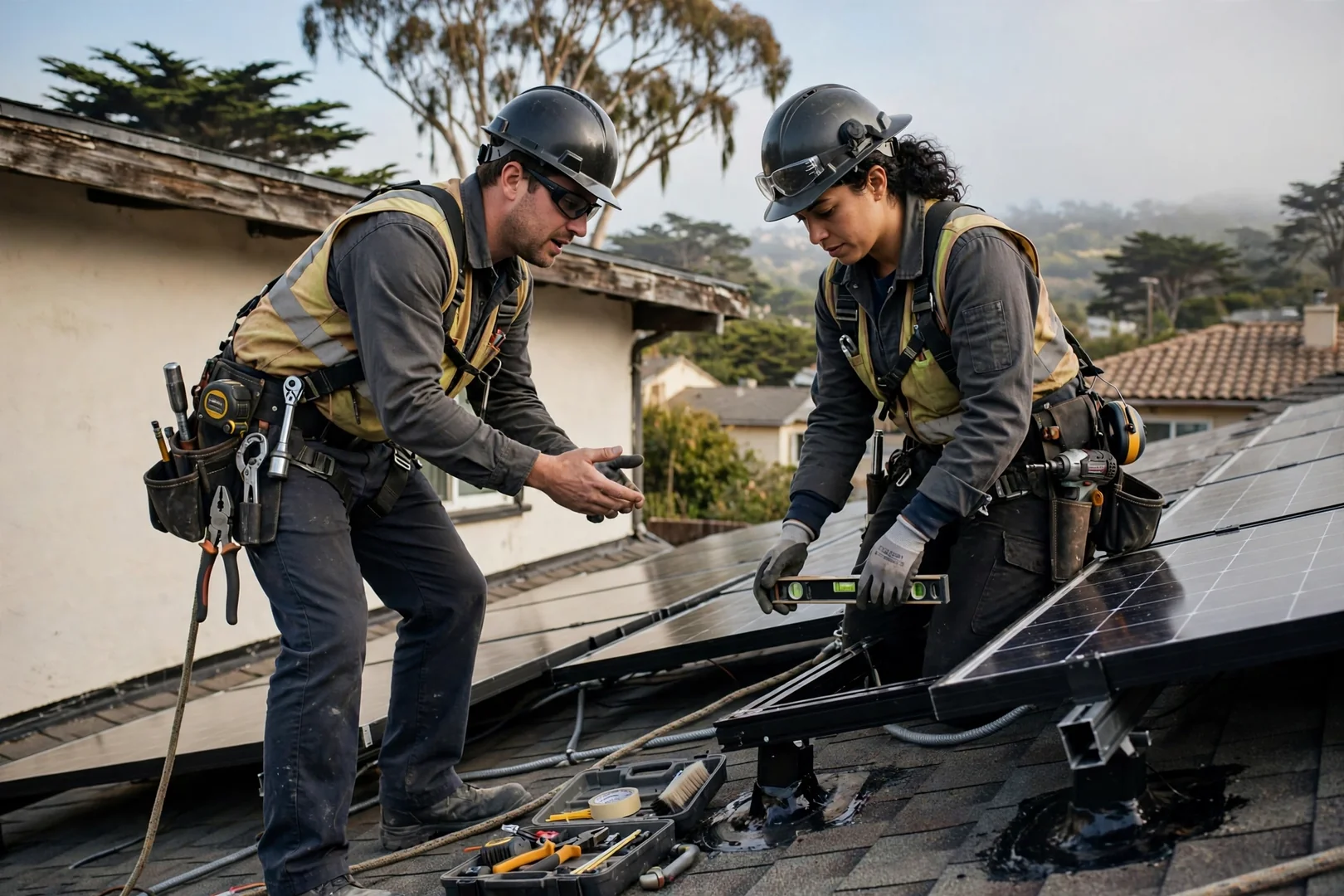 Technicians aligning rooftop solar rails and modules on a Santa Cruz home