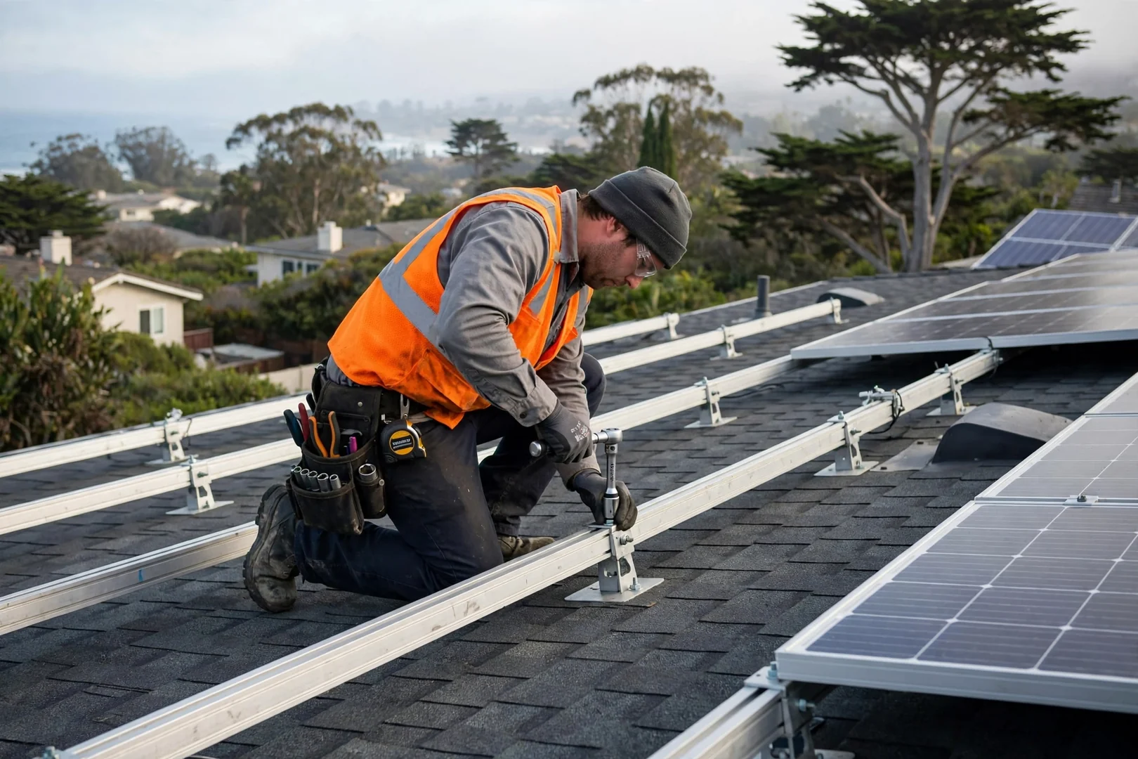 Technician torque checking solar racking rails on a residential rooftop