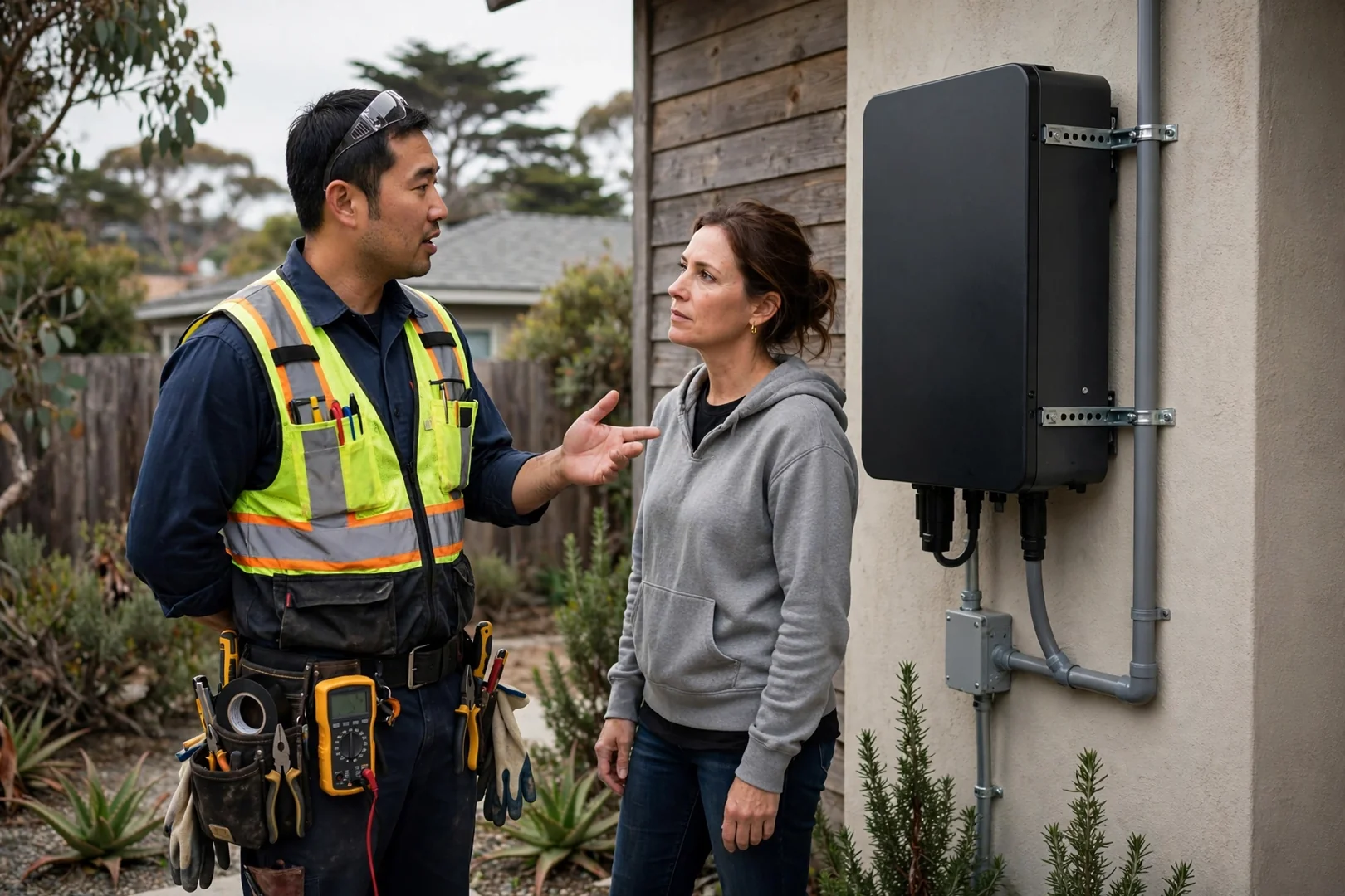 Homeowner reviewing inverter monitoring readings during a post-job walkthrough