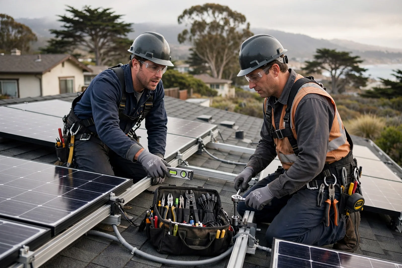 Technician mounting a wall-installed home battery beside labeled conduit in a Santa Cruz garage