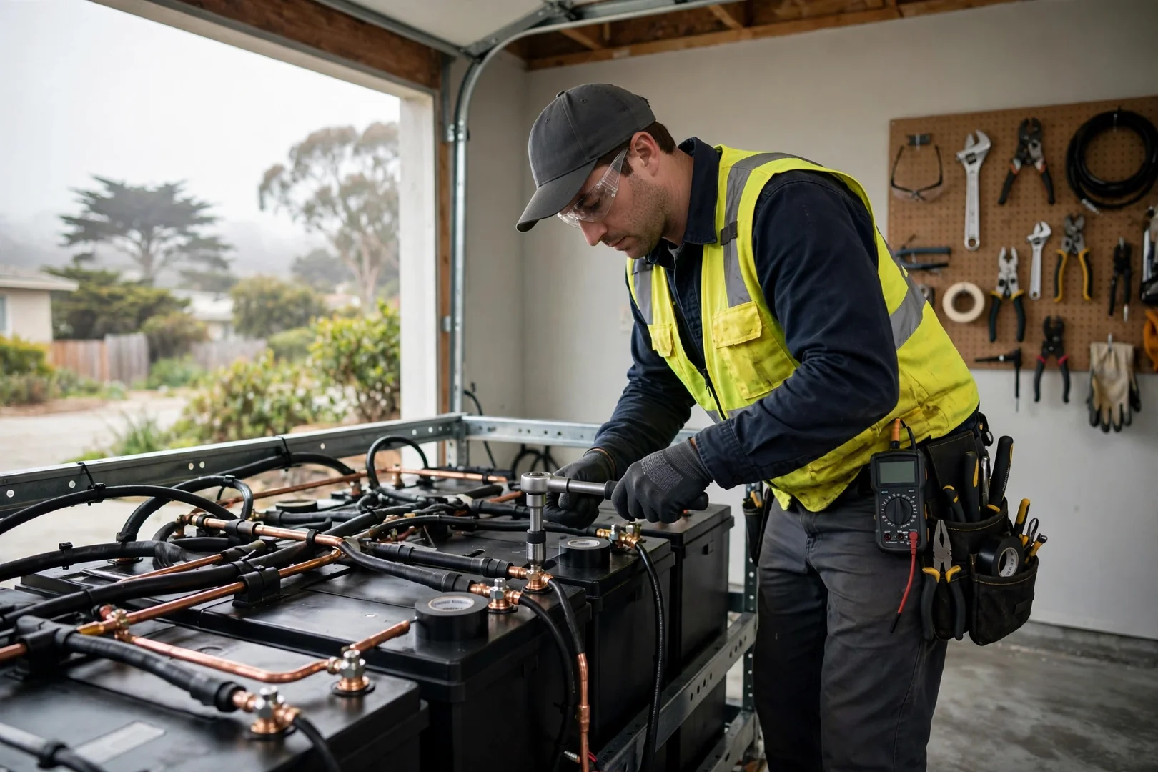 Installer verifying torque on battery terminal connections inside a garage