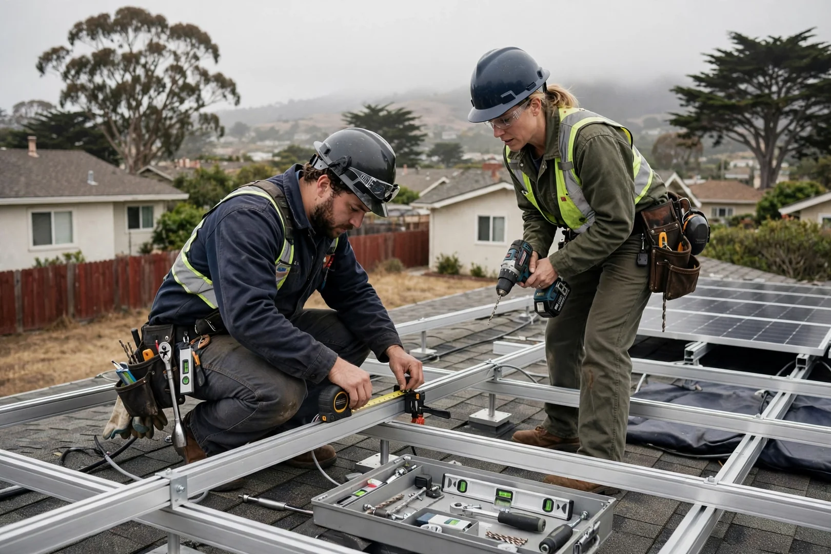 Technician measuring wiring at a wall-mounted solar inverter