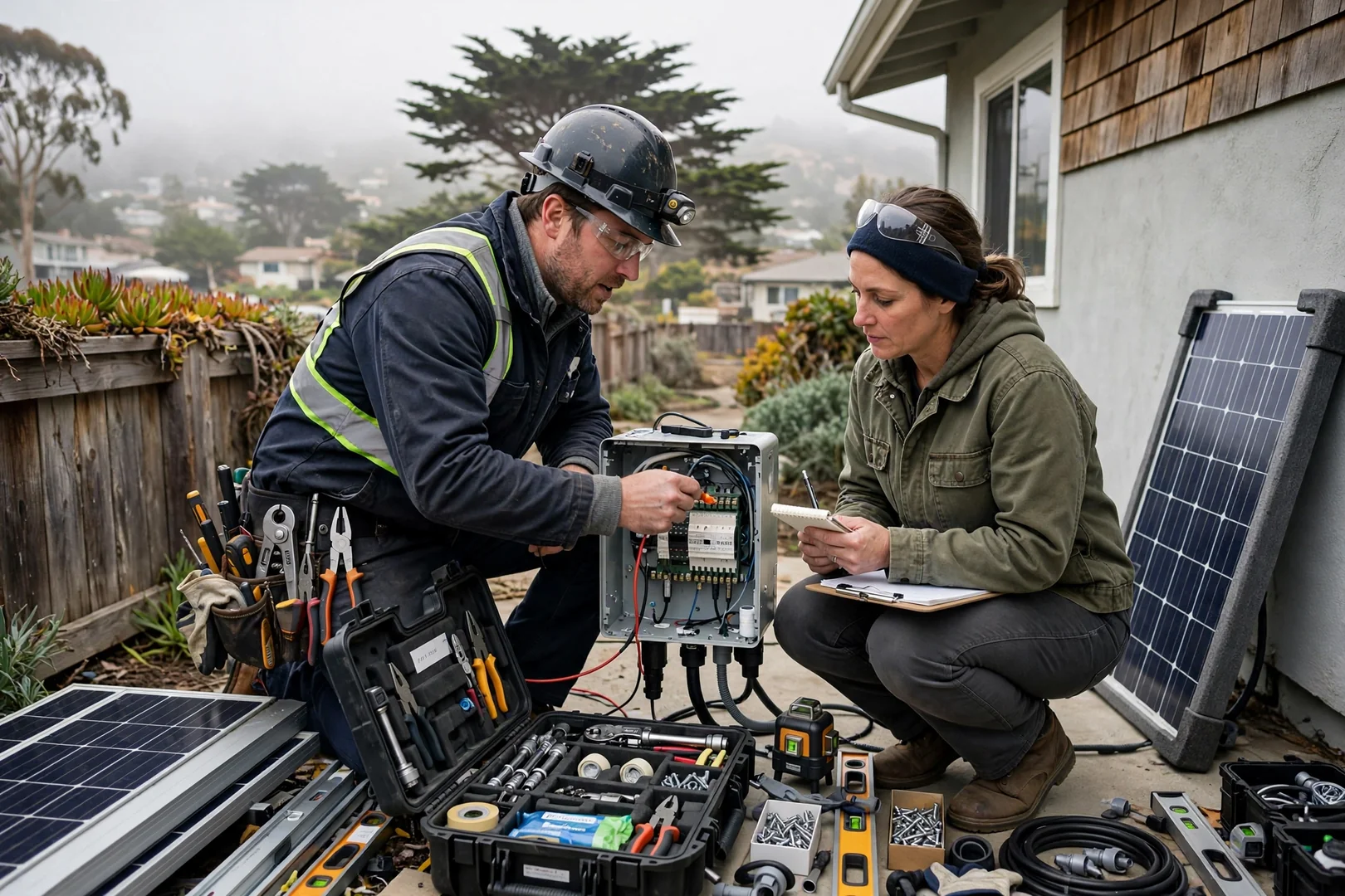 Technician mounting a new solar inverter beside a Santa Cruz home electrical panel