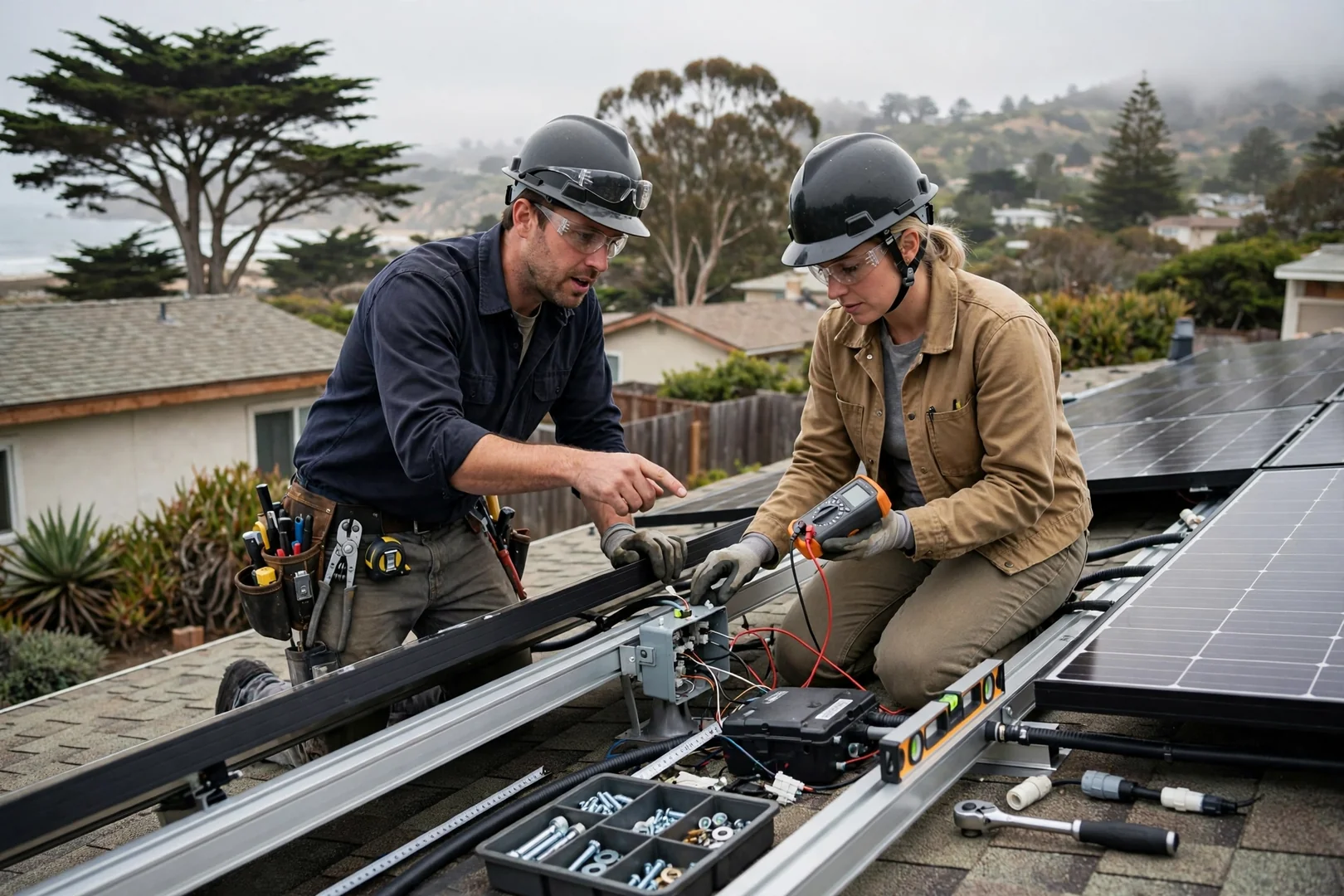 Technician mounting a replacement solar inverter beside a Santa Cruz home electrical panel