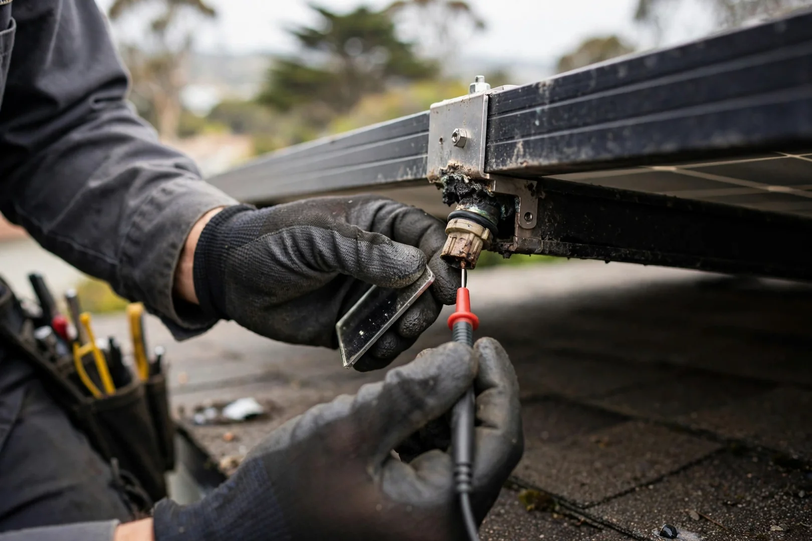 Corroded inverter wiring checked at a Santa Cruz home