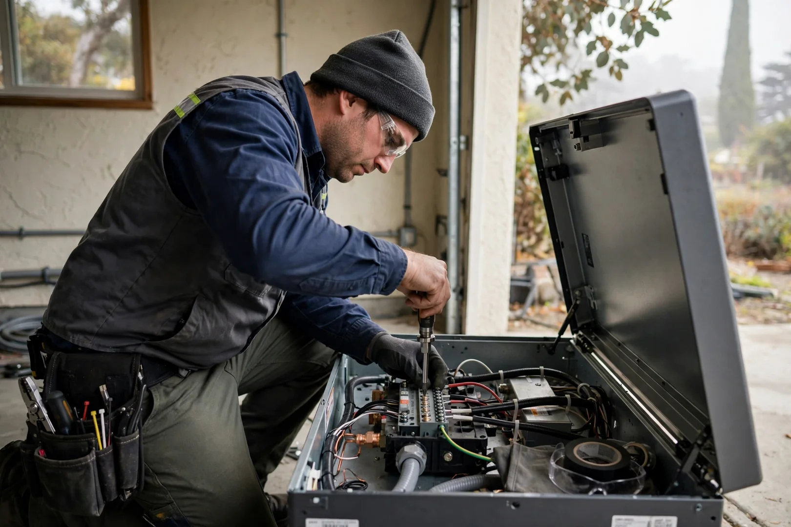 Installer torque checking AC terminations inside a replacement solar inverter