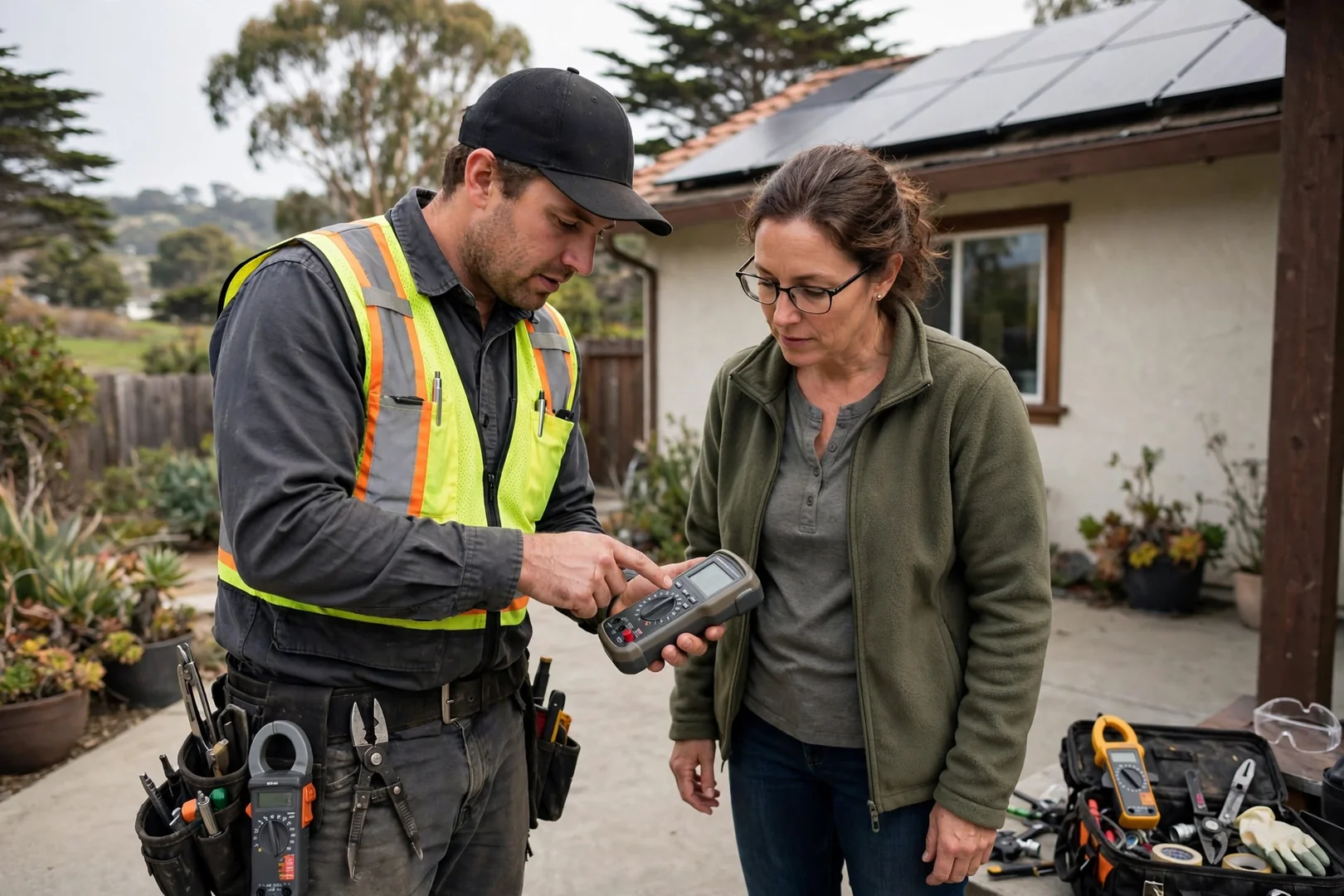 Homeowner reviewing commissioning readings during a post-job walkthrough in Santa Cruz