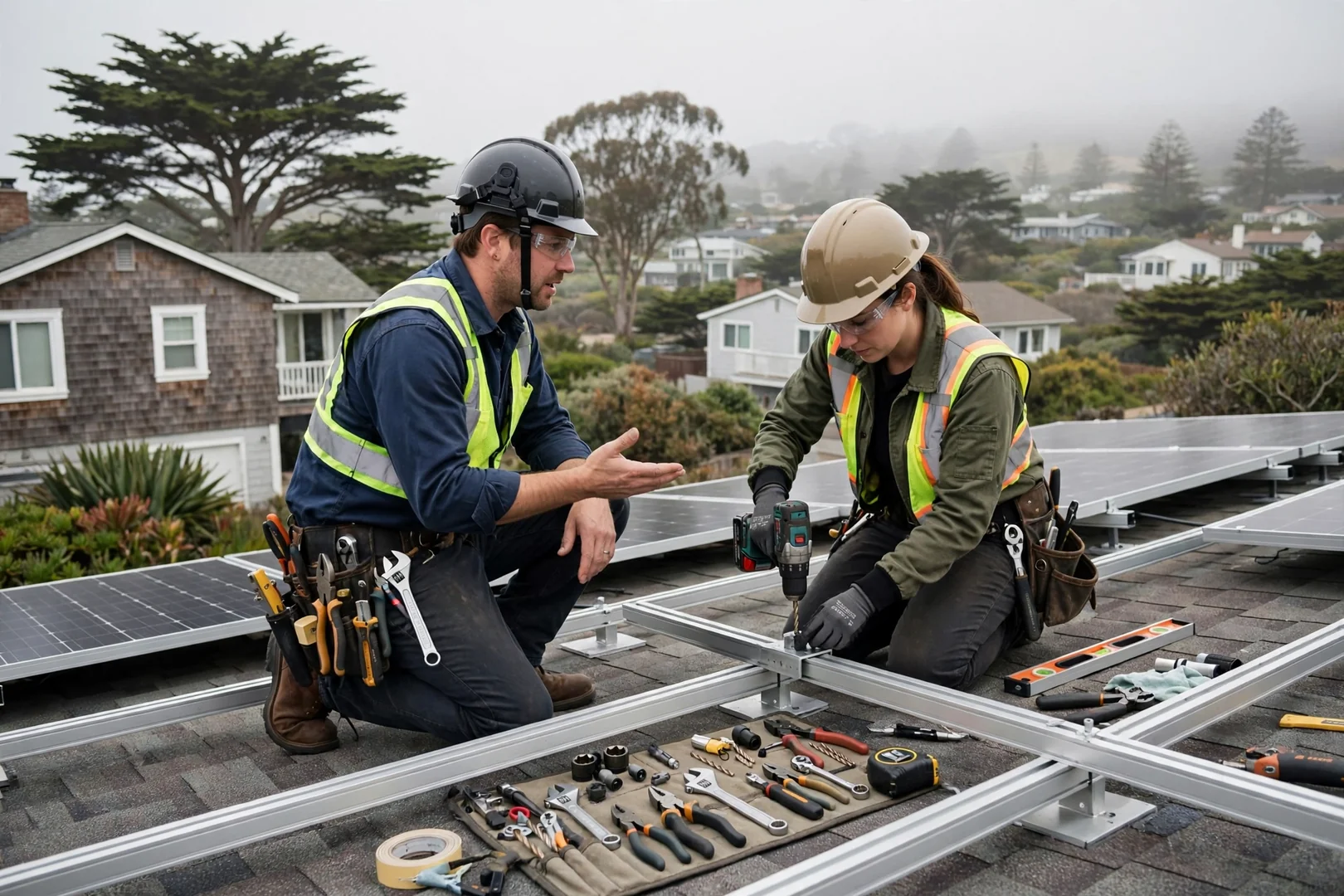 Solar technician reviewing installation documentation with a homeowner beside a Santa Cruz rooftop array