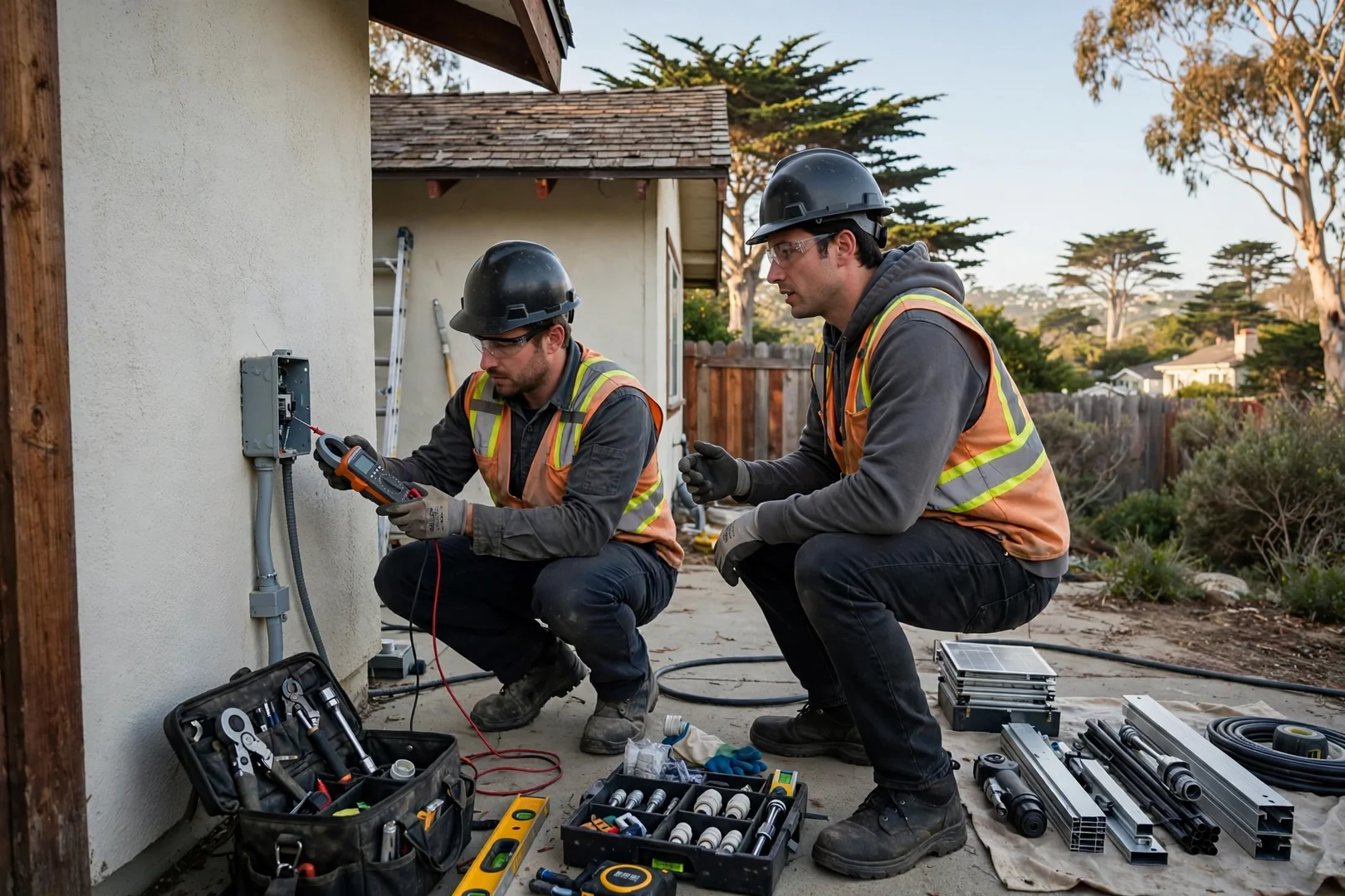 Technician measuring roof layout and mounting points during a solar cost assessment in Santa Cruz