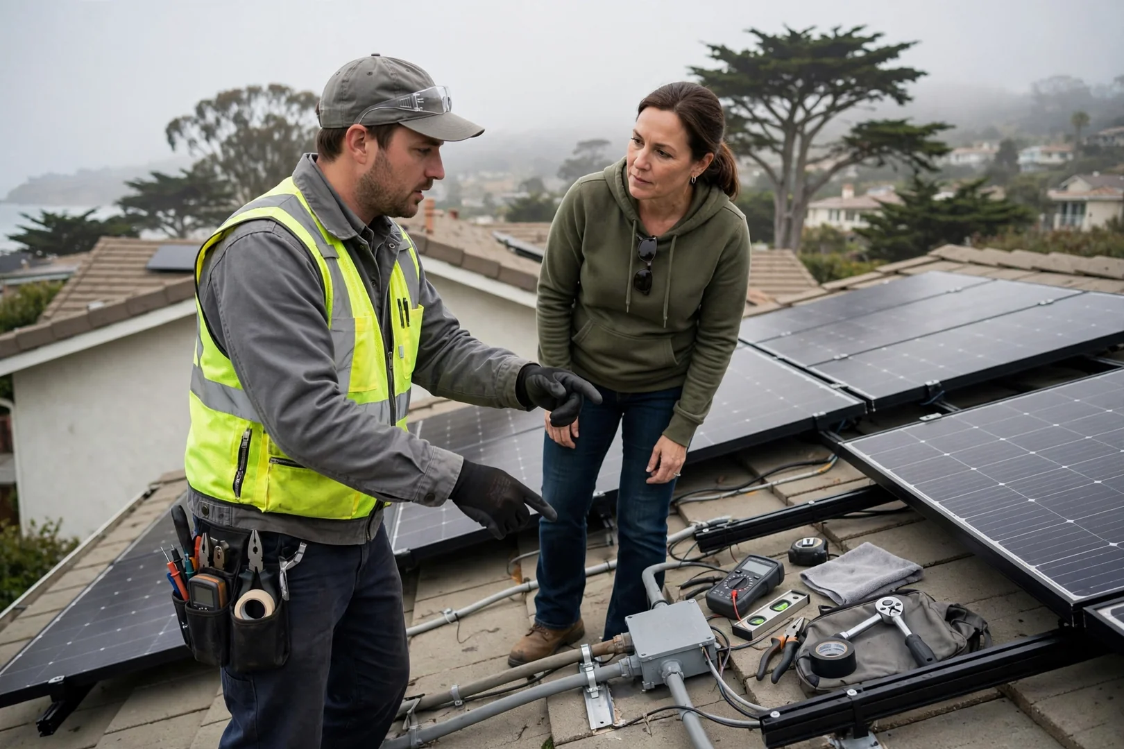 Technician reviewing written solar estimate with homeowner at kitchen table