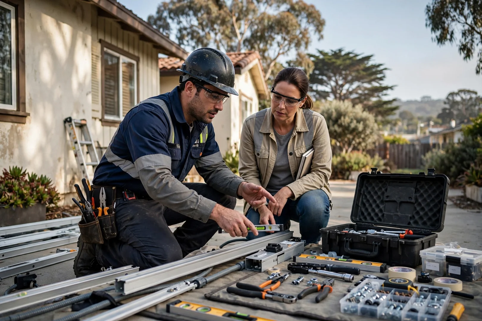 Solar technician measuring roof rafter spacing while preparing a written estimate in Santa Cruz