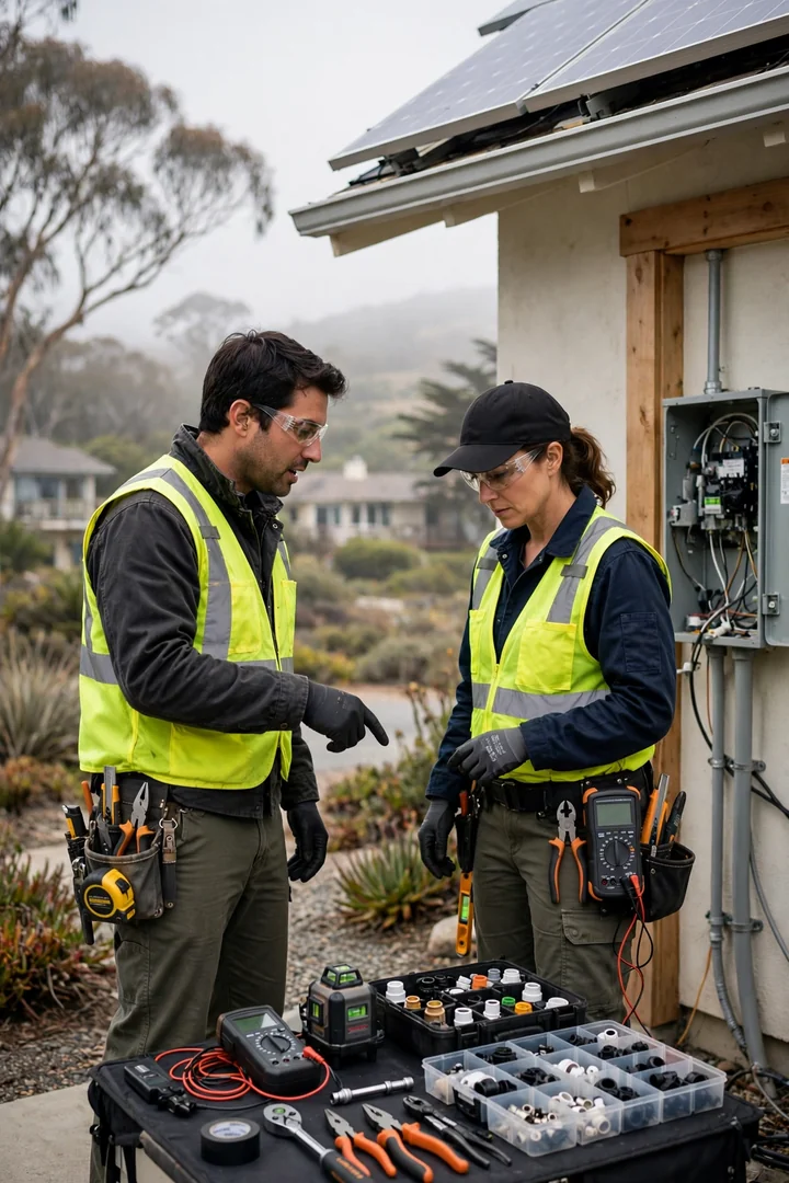 Solar installer measuring module spacing and checking inverter readings during a scheduled maintenance visit in Santa Cruz
