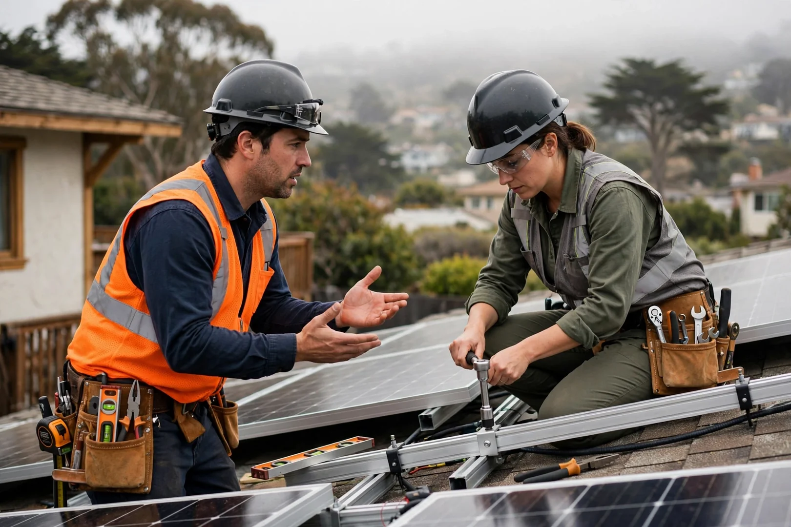 Solar technician reviewing a scheduled service call log before a Santa Cruz rooftop visit