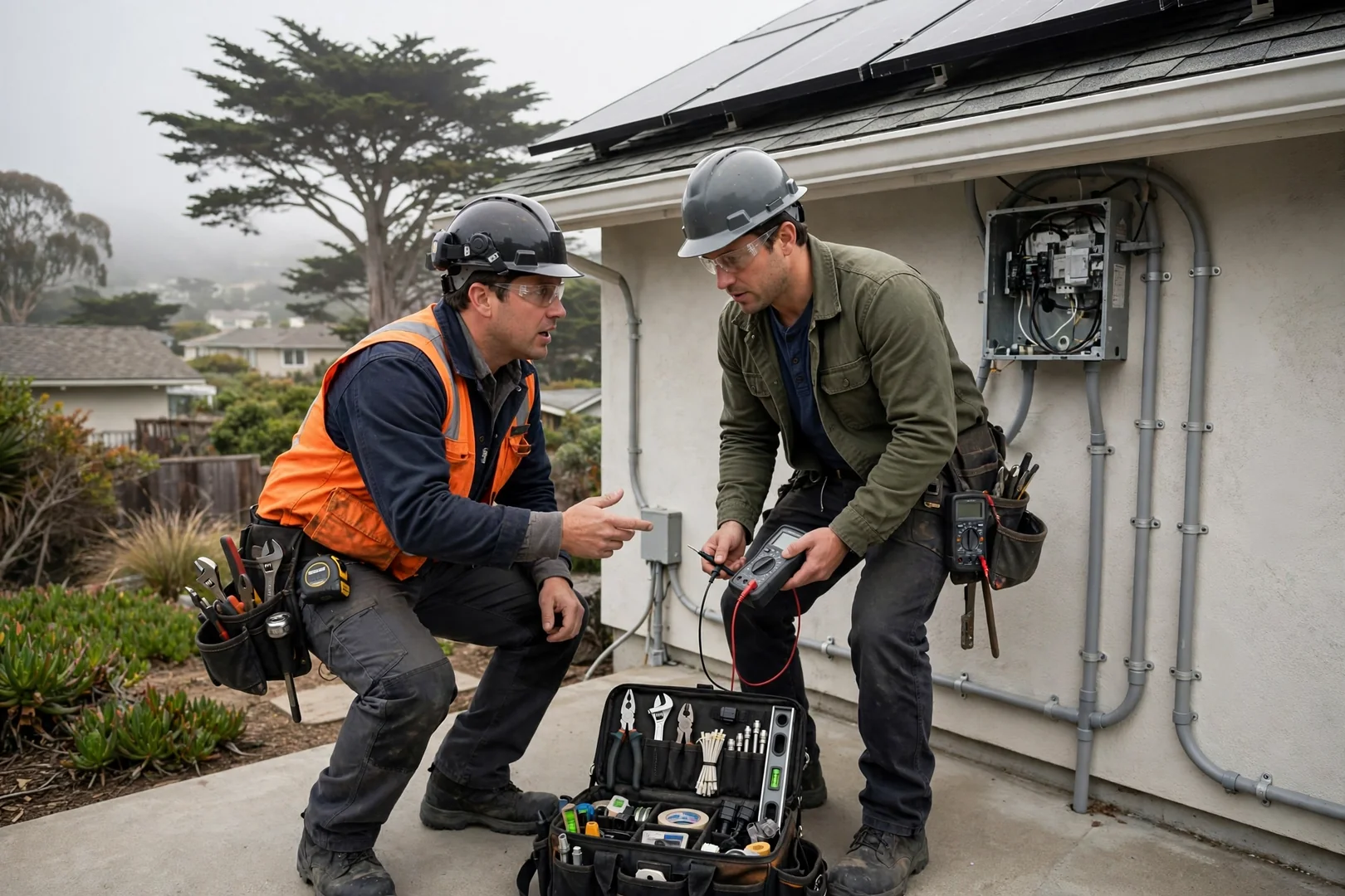Technician testing rooftop solar module wiring