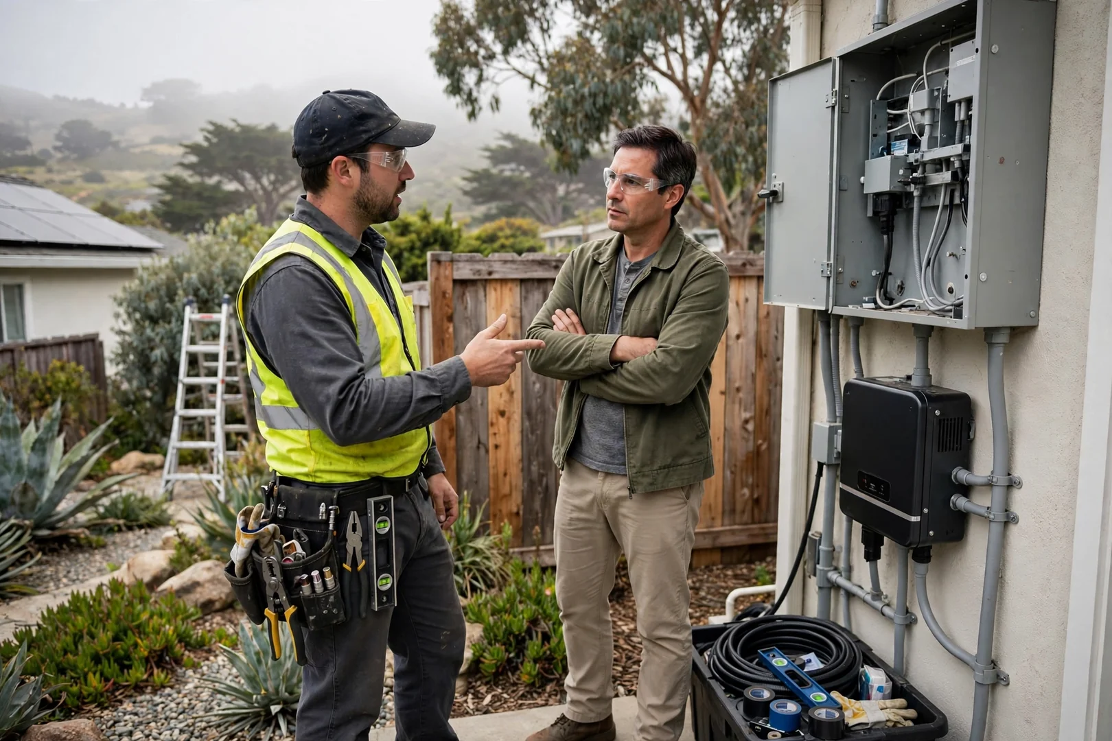 Solar technician inspecting rooftop panel wiring and mounting rails on a Santa Cruz home