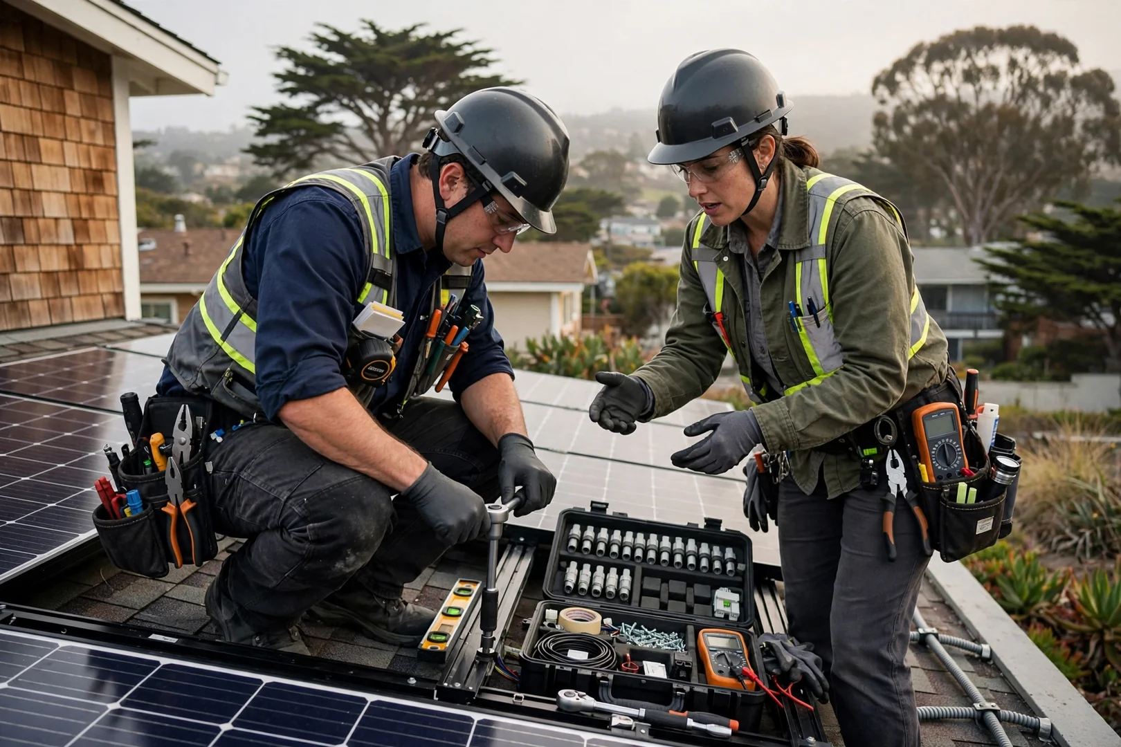 Technician testing rooftop solar module wiring during a repair visit in Santa Cruz