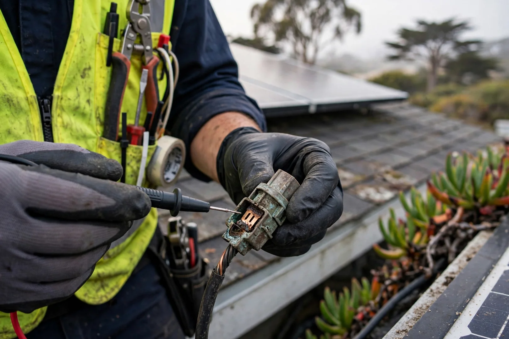 Loose racking clamp and lifted flashing on a coastal roof