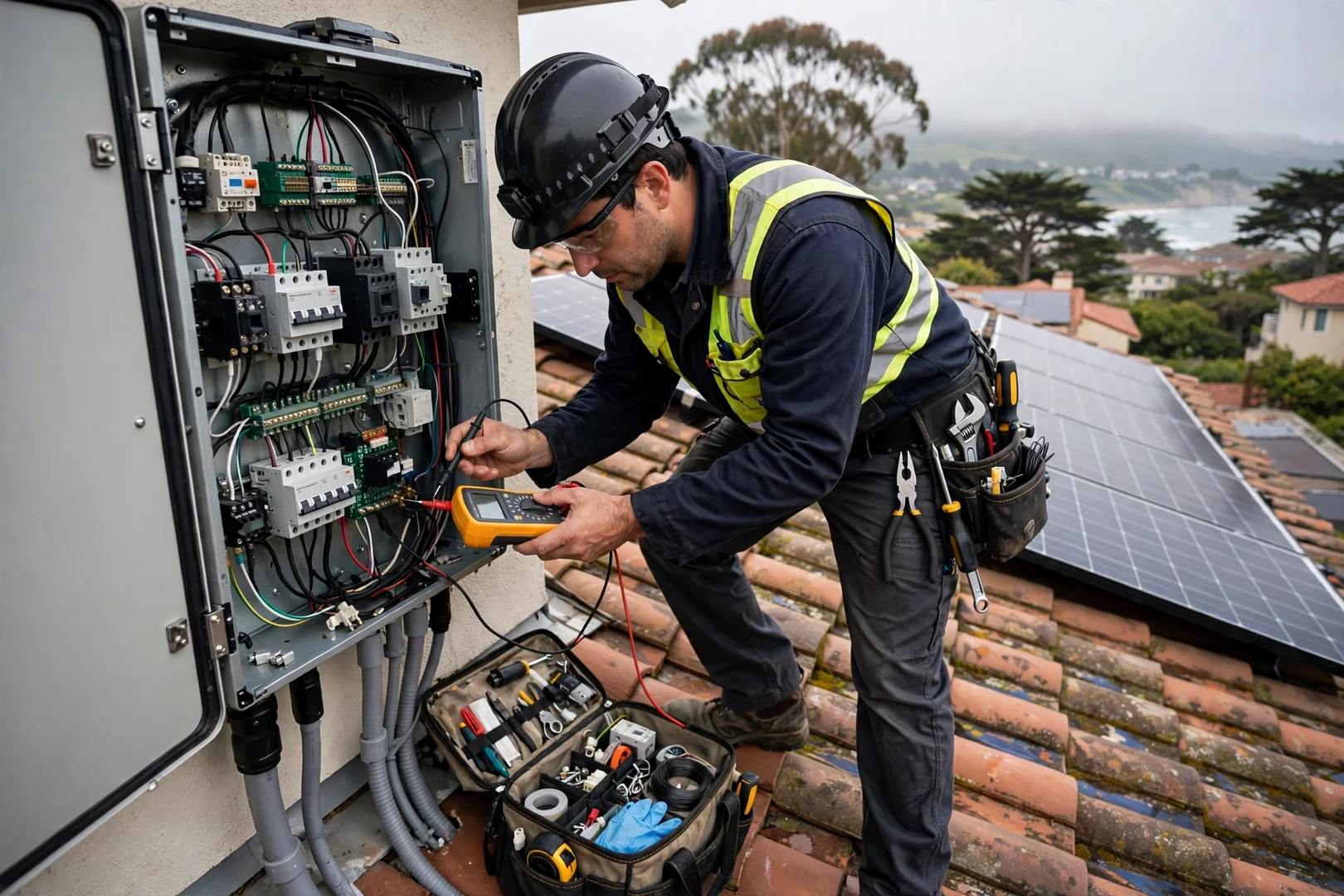 Solar technician reviewing inverter readings during a rooftop repair visit