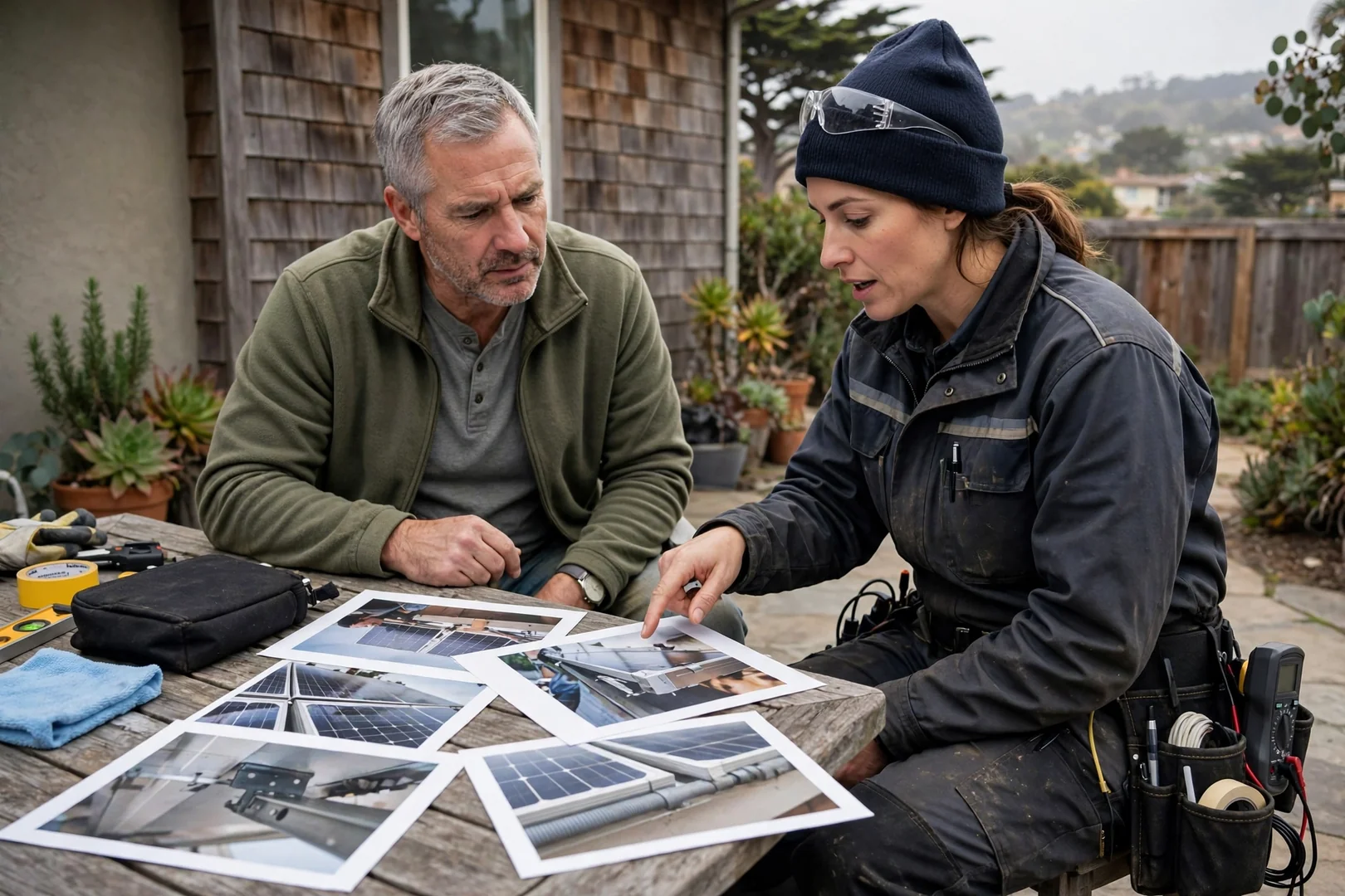 Homeowner and technician reviewing repair photos and production data after service