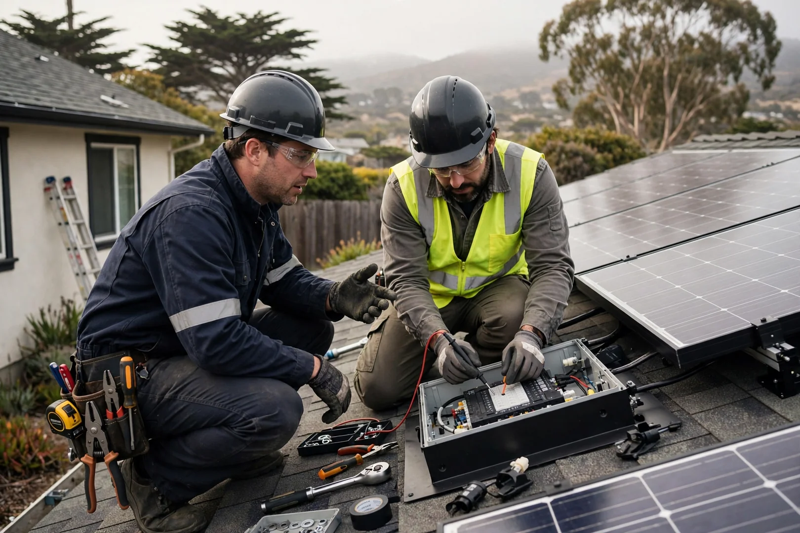 Technician measuring roof mounting rails during a residential solar panel replacement in Santa Cruz