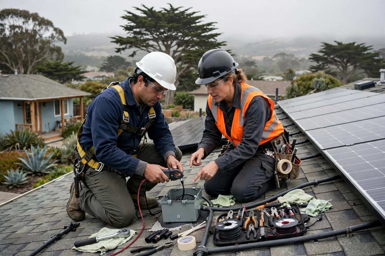 Technician lifting a replacement solar module onto existing roof racking in Santa Cruz