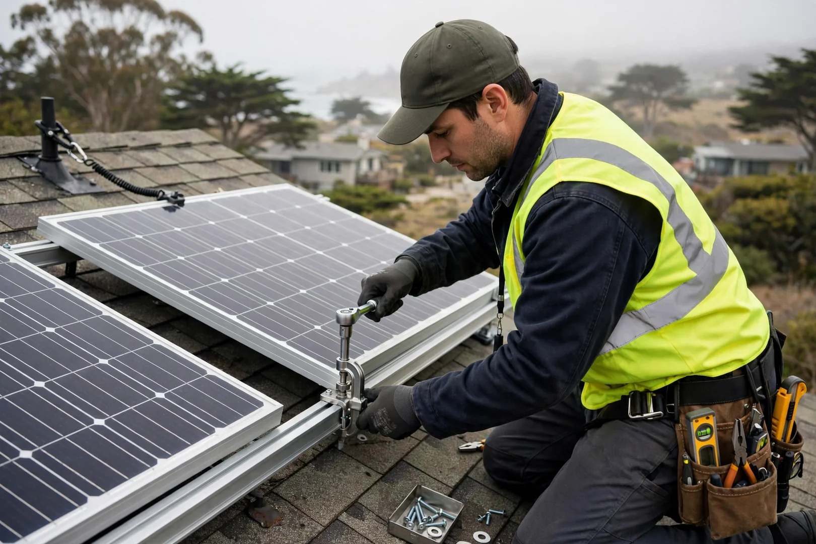 Installer torquing rail clamps while seating a replacement solar module