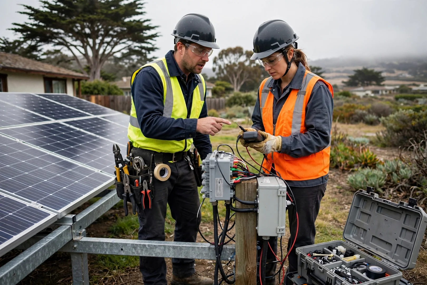 Crew reviewing string voltage readings and job notes beside a residential array