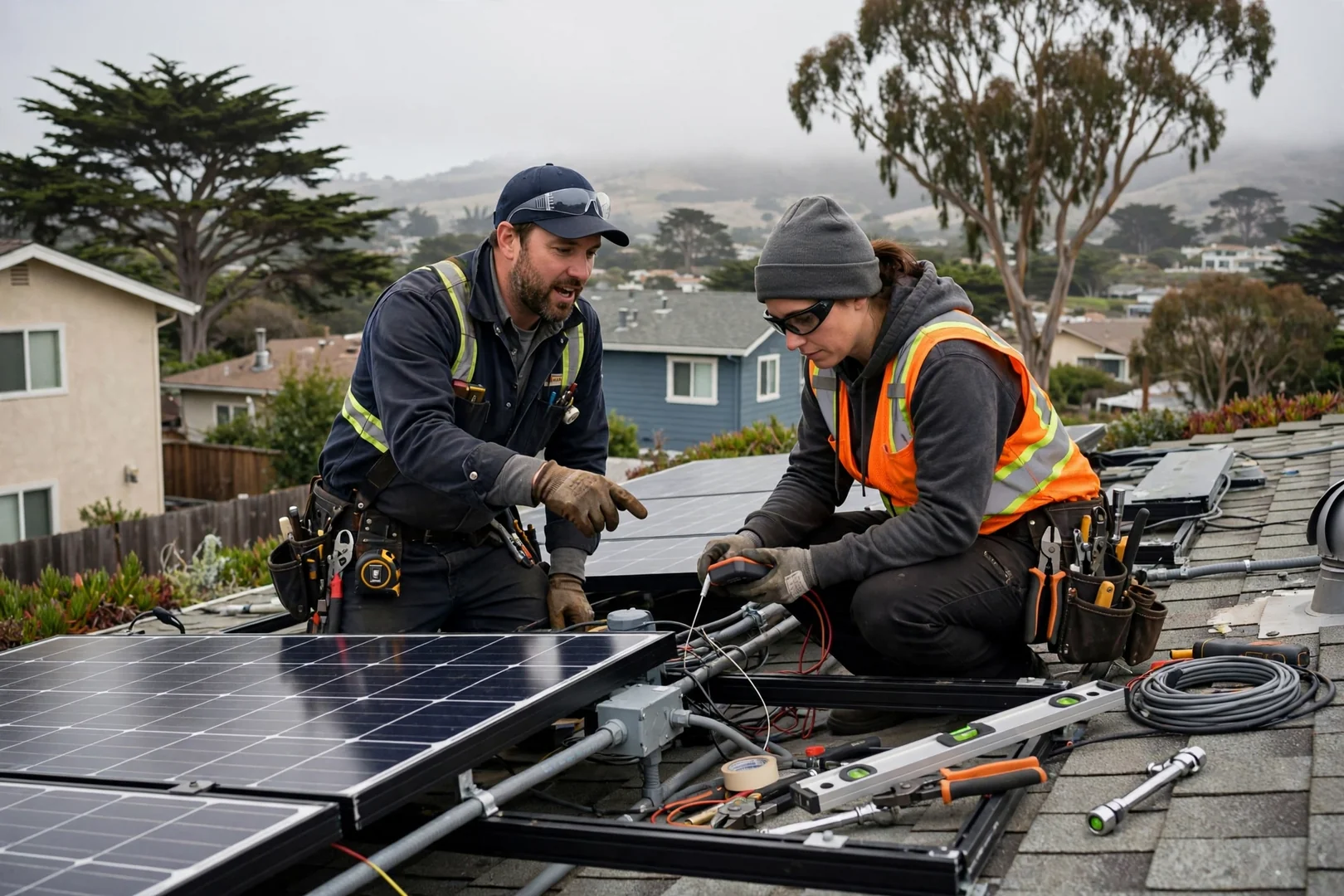 Technician testing rooftop solar wiring during a repair visit