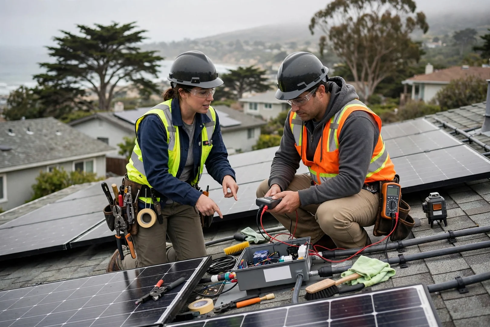 Solar technician reviewing inverter readings during a scheduled maintenance visit in Santa Cruz